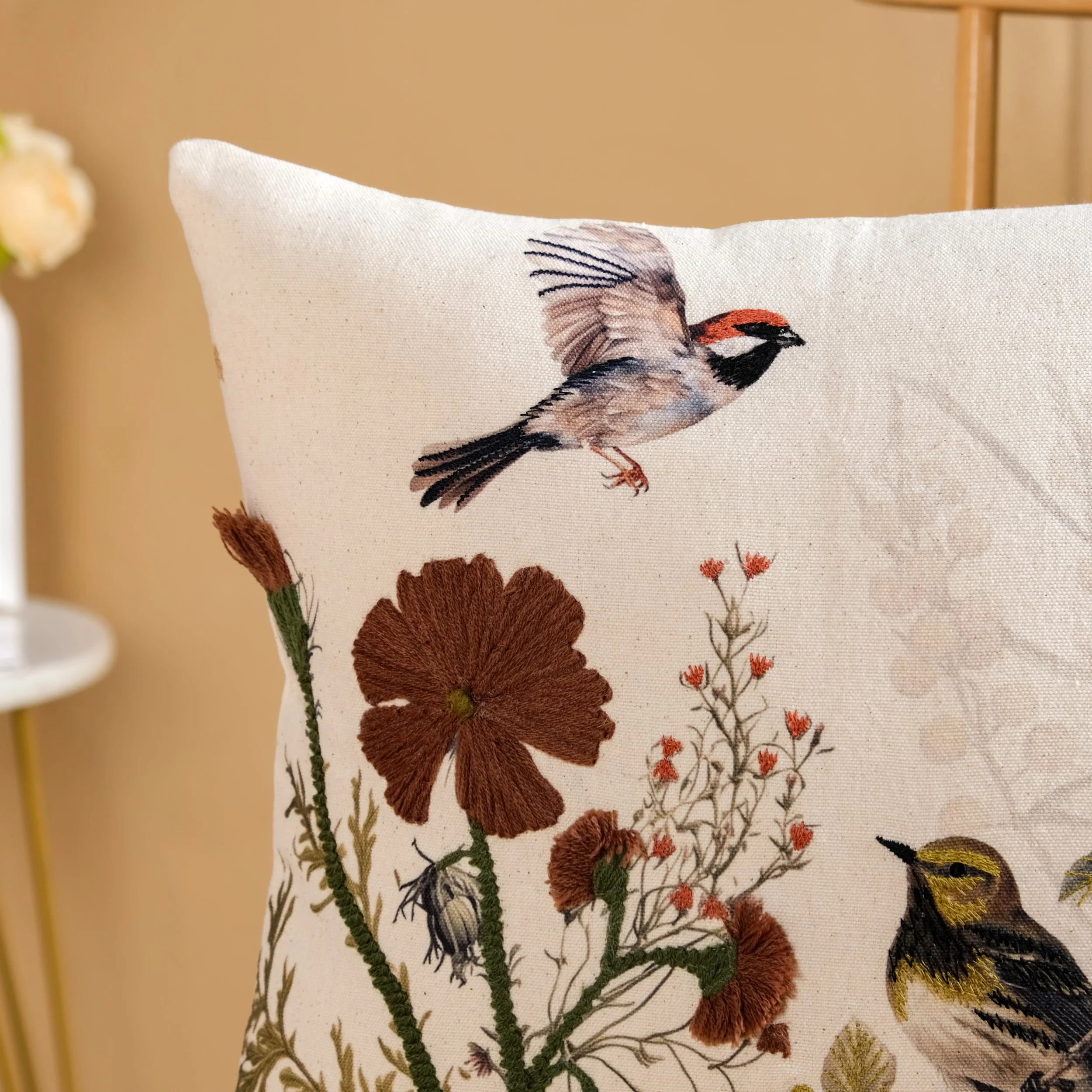 Serene Songbird Embroidered Cotton Cushion Cover 40x40cm - Image 6