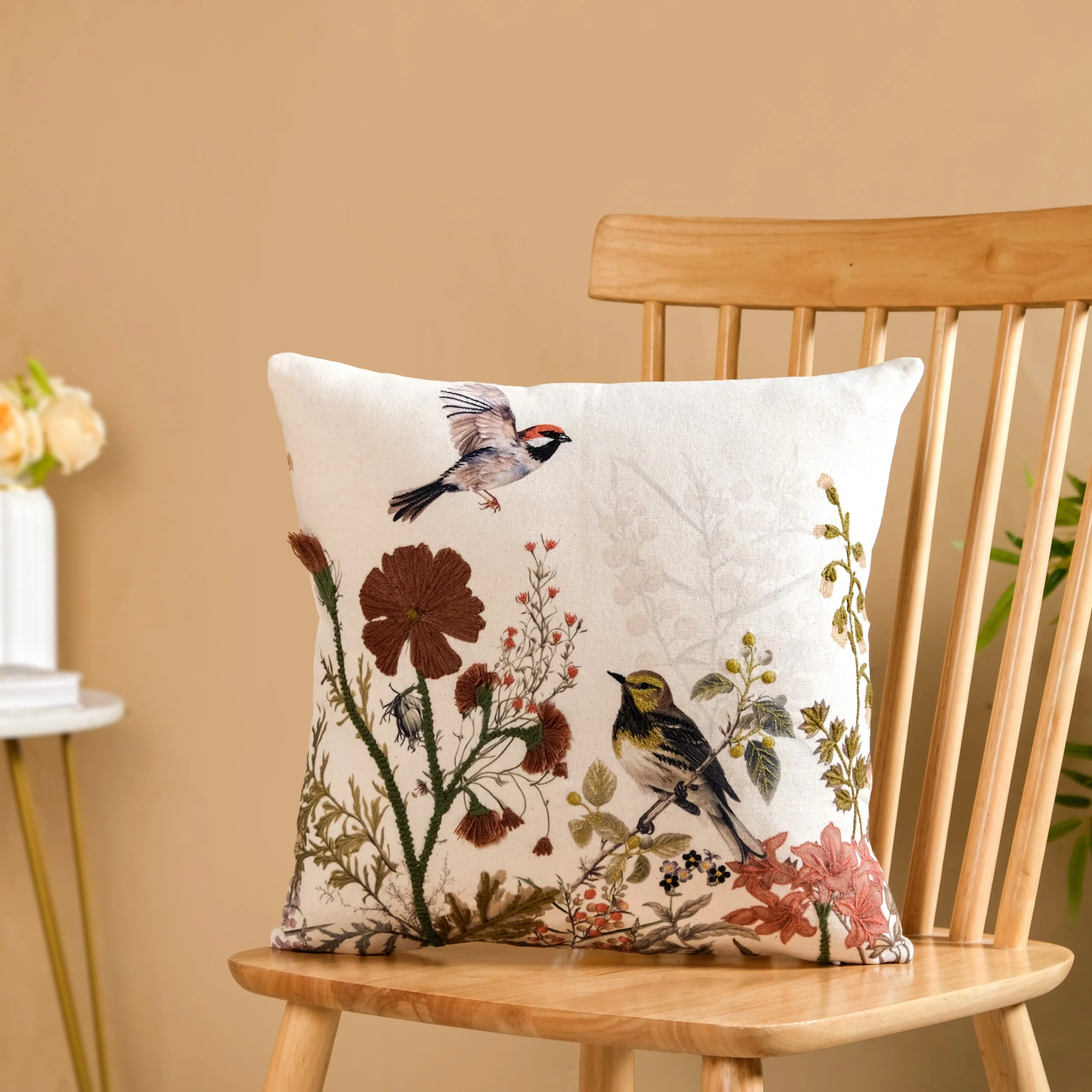 Serene Songbird Embroidered Cotton Cushion Cover 40x40cm - Image 8
