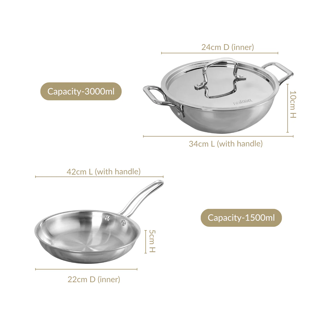 Set Of 2 Triply Stainless Steel Kadai With Lid And Frying Pan - Image 3