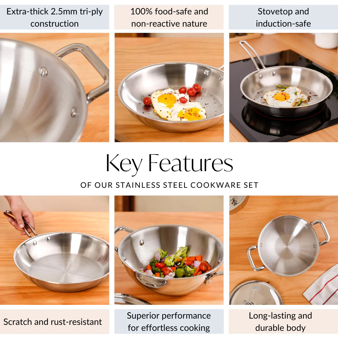 Set Of 2 Triply Stainless Steel Kadai With Lid And Frying Pan - Image 4