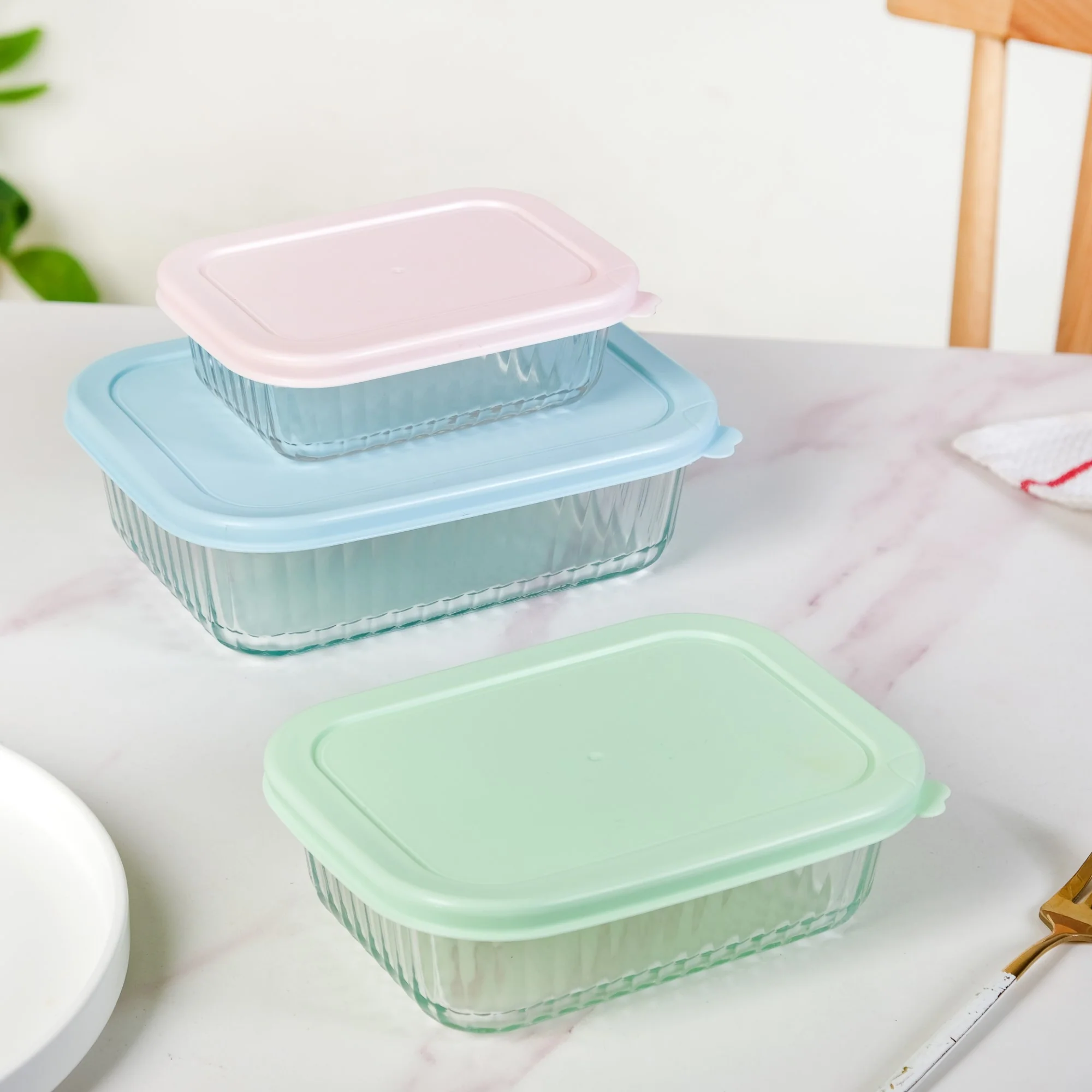 Set Of 3 Ribbed Glass Food Container With Lid S 370ml M 600ml L 1000ml - Image 16
