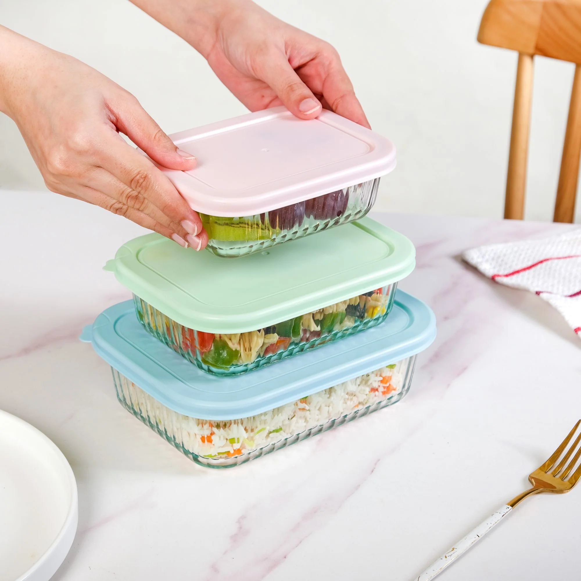 Set Of 3 Ribbed Glass Food Container With Lid S 370ml M 600ml L 1000ml - Image 3