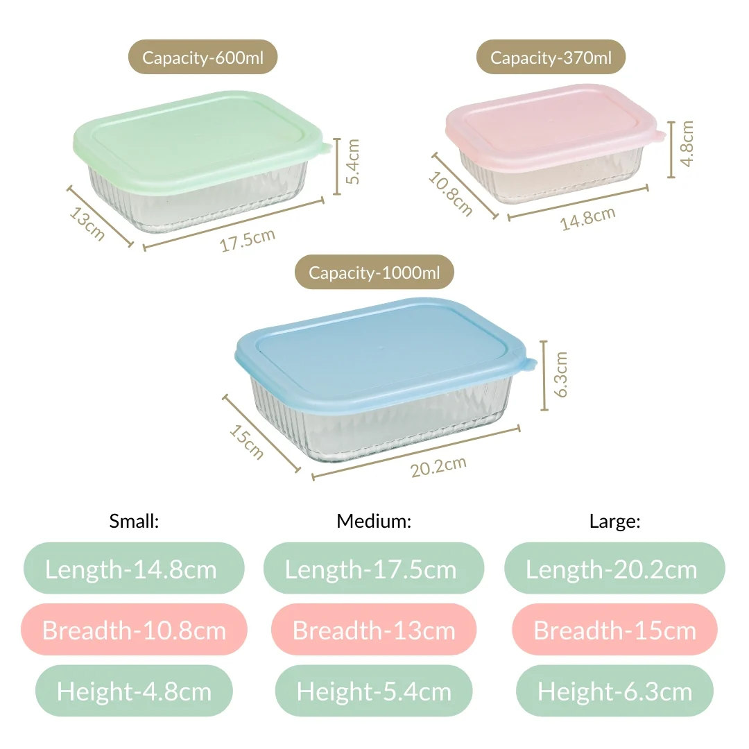 Set Of 3 Ribbed Glass Food Container With Lid S 370ml M 600ml L 1000ml - Image 4