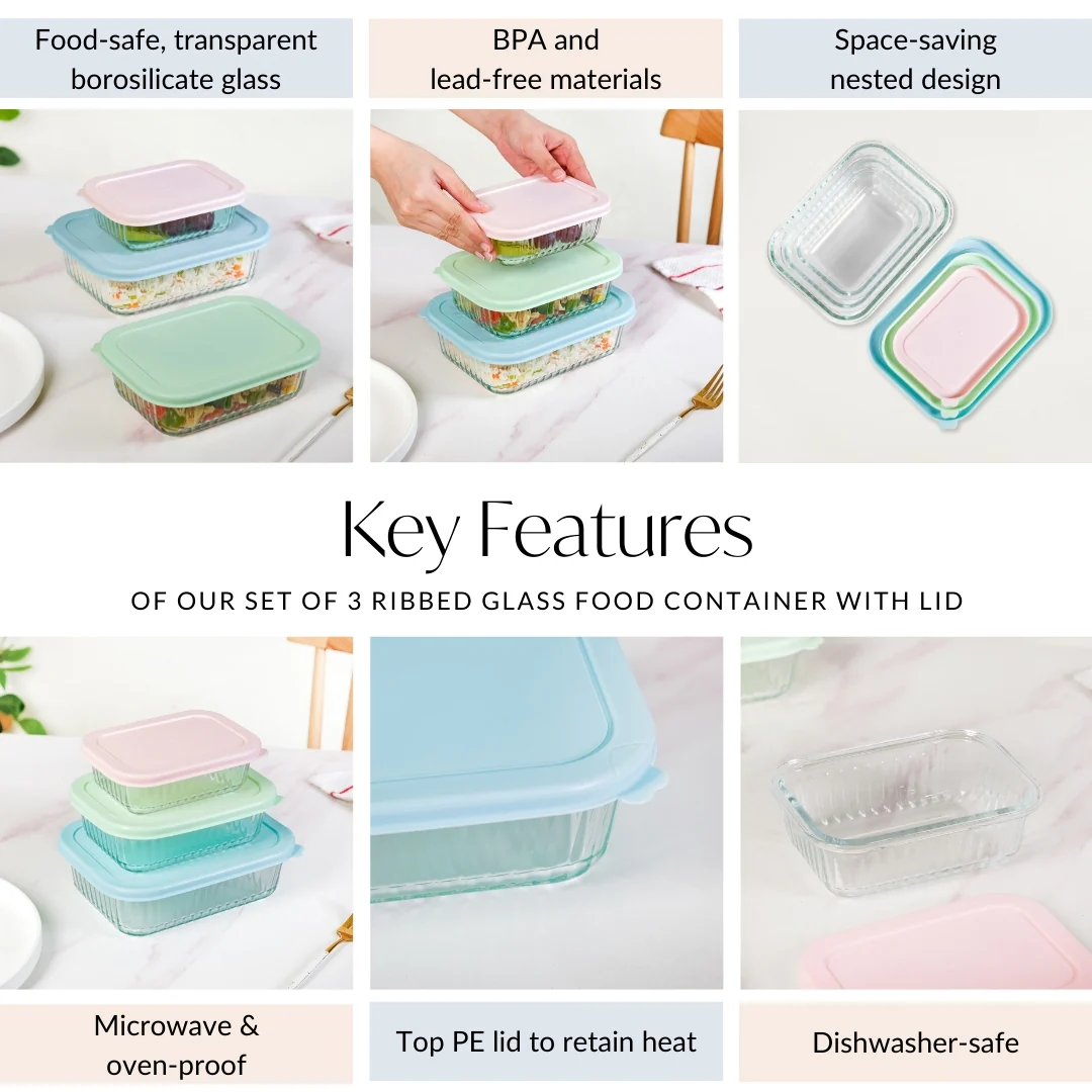 Set Of 3 Ribbed Glass Food Container With Lid S 370ml M 600ml L 1000ml - Image 5