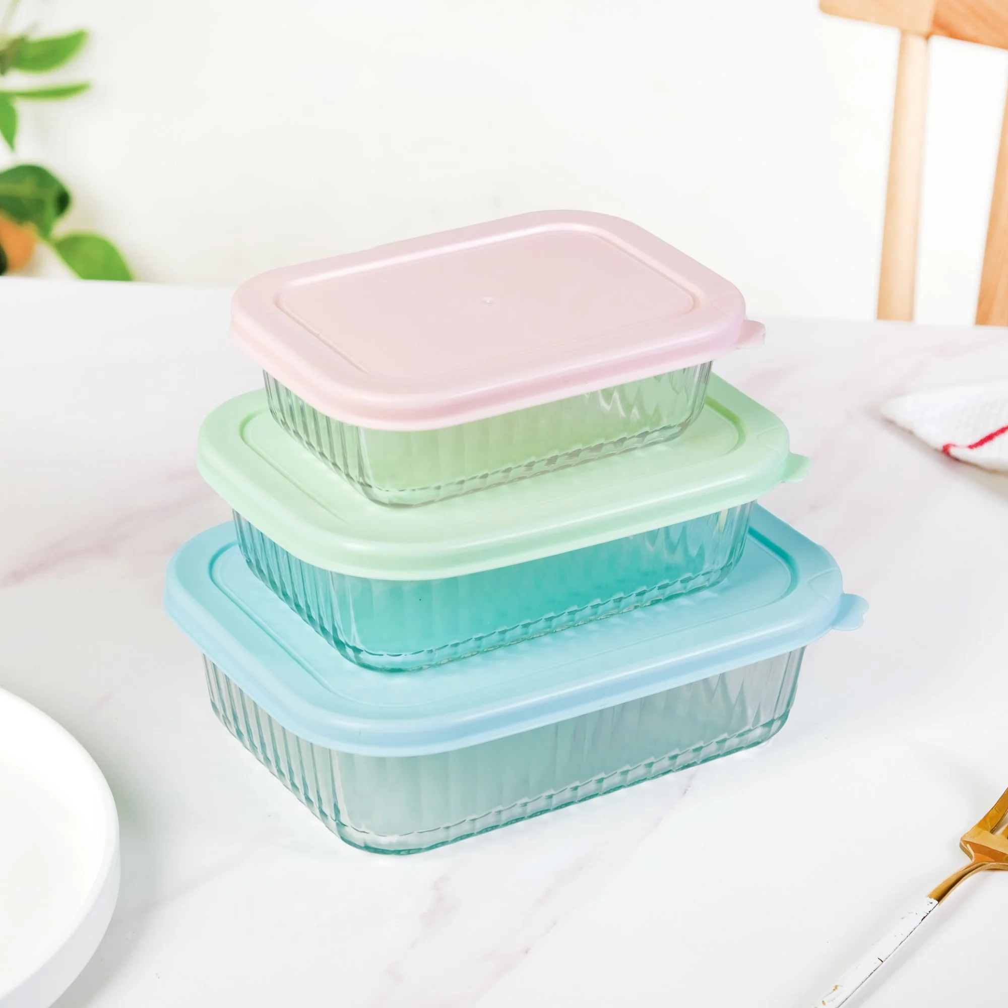 Set Of 3 Ribbed Glass Food Container With Lid S 370ml M 600ml L 1000ml - Image 6
