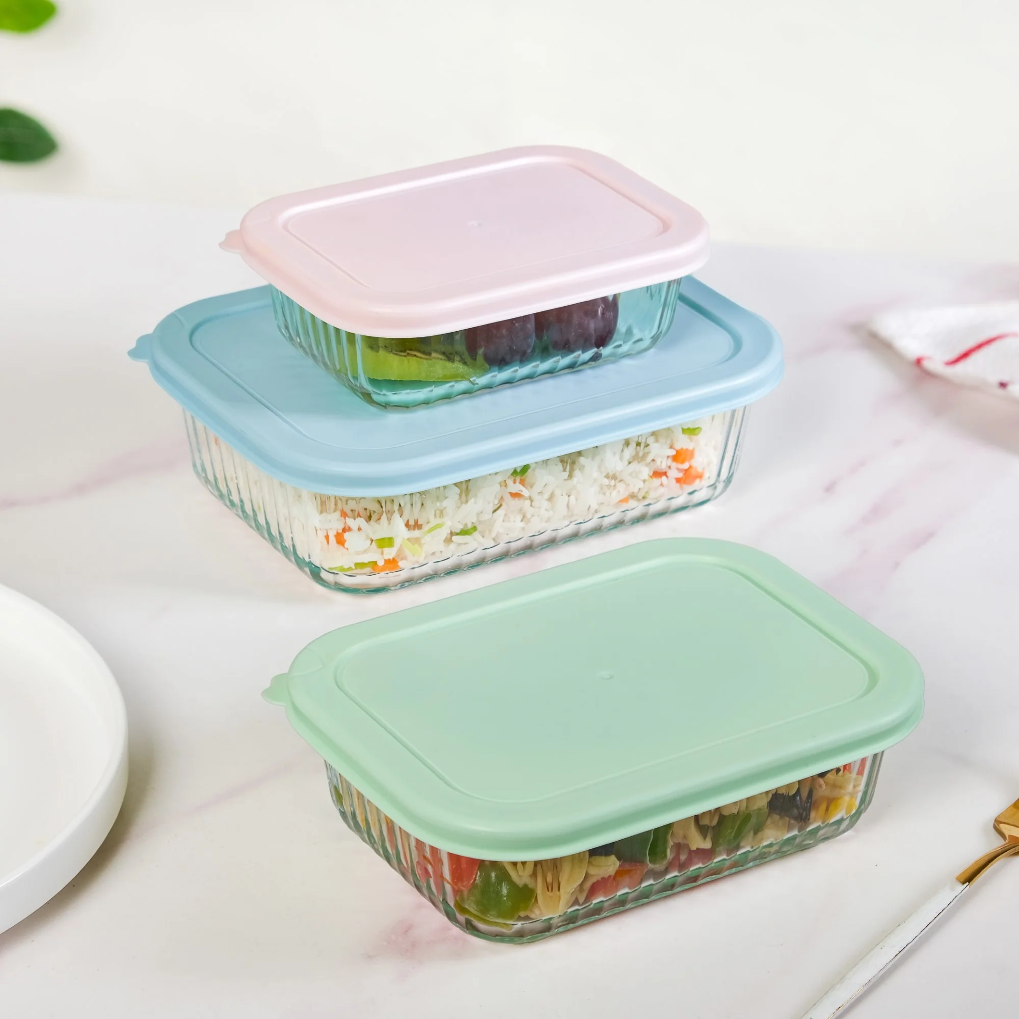 Set Of 3 Ribbed Glass Food Container With Lid S 370ml M 600ml L 1000ml - Image 7
