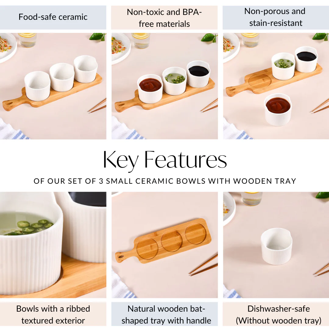 Set Of 3 Small Ceramic Bowls With Wooden Tray 180ml - Image 5