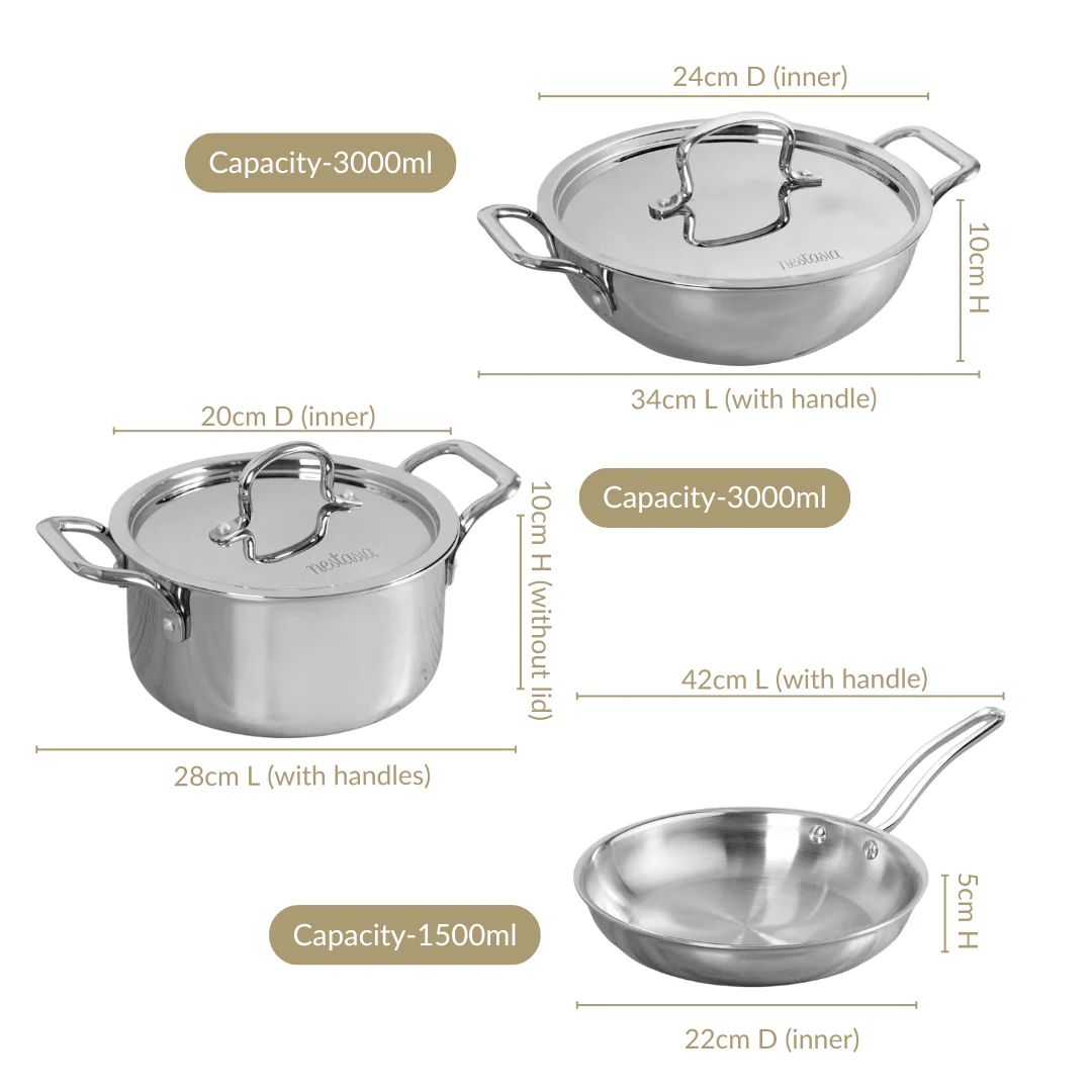 Set Of 3 Triply Daily Cook Set With Kadai Frying Pan And Casserole - Image 3