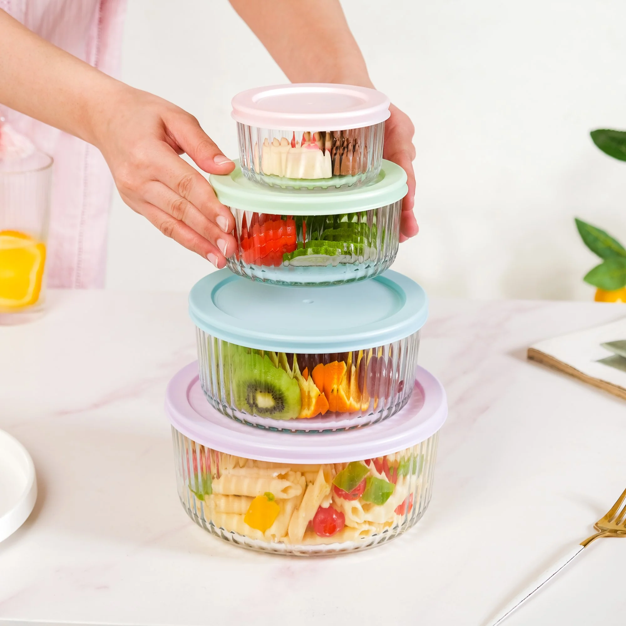 Set Of 4 Round Fluted Glass Food Storage Container With Lid S 230ml M 460ml L 950ml XL 1650ml - Image 3