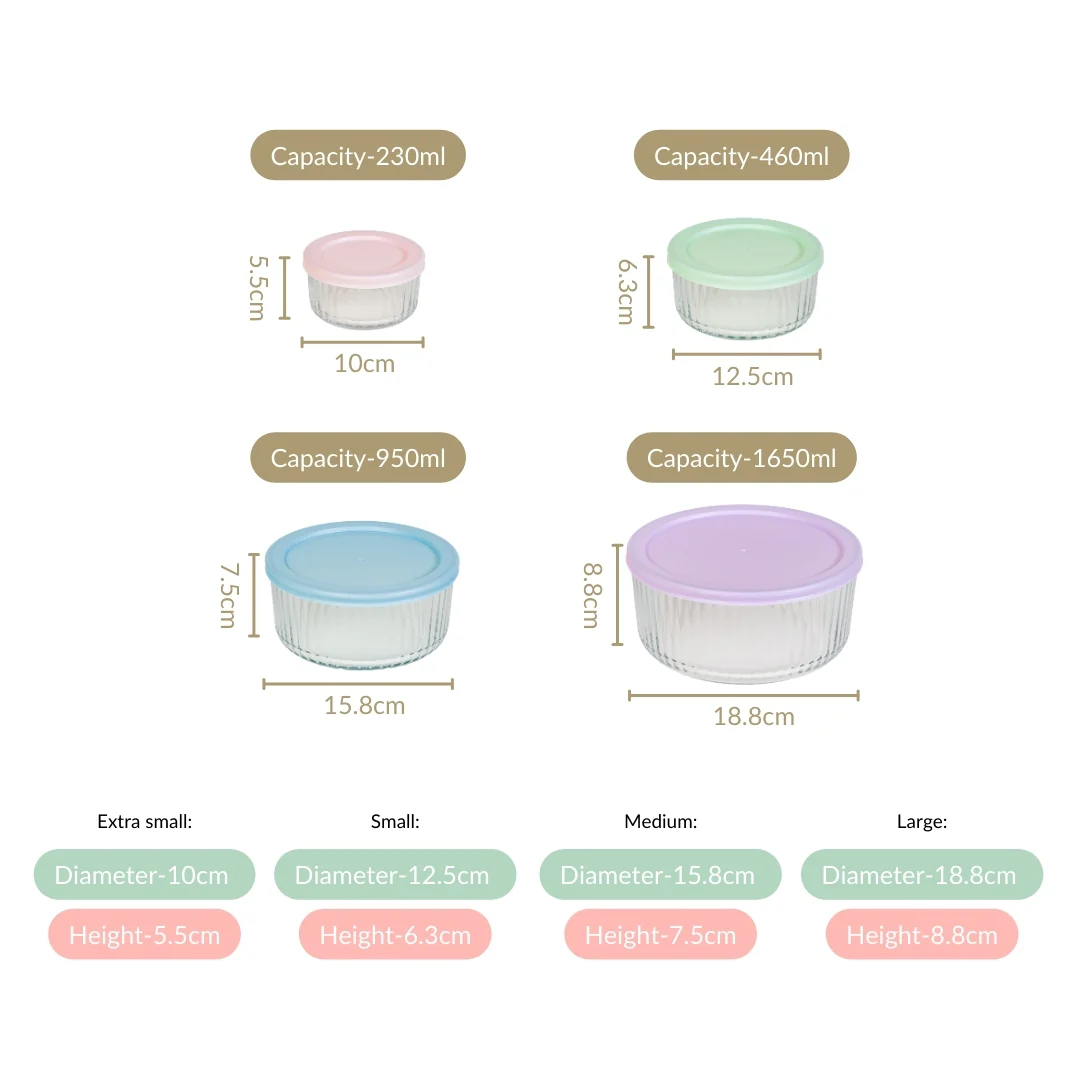 Set Of 4 Round Fluted Glass Food Storage Container With Lid S 230ml M 460ml L 950ml XL 1650ml - Image 4