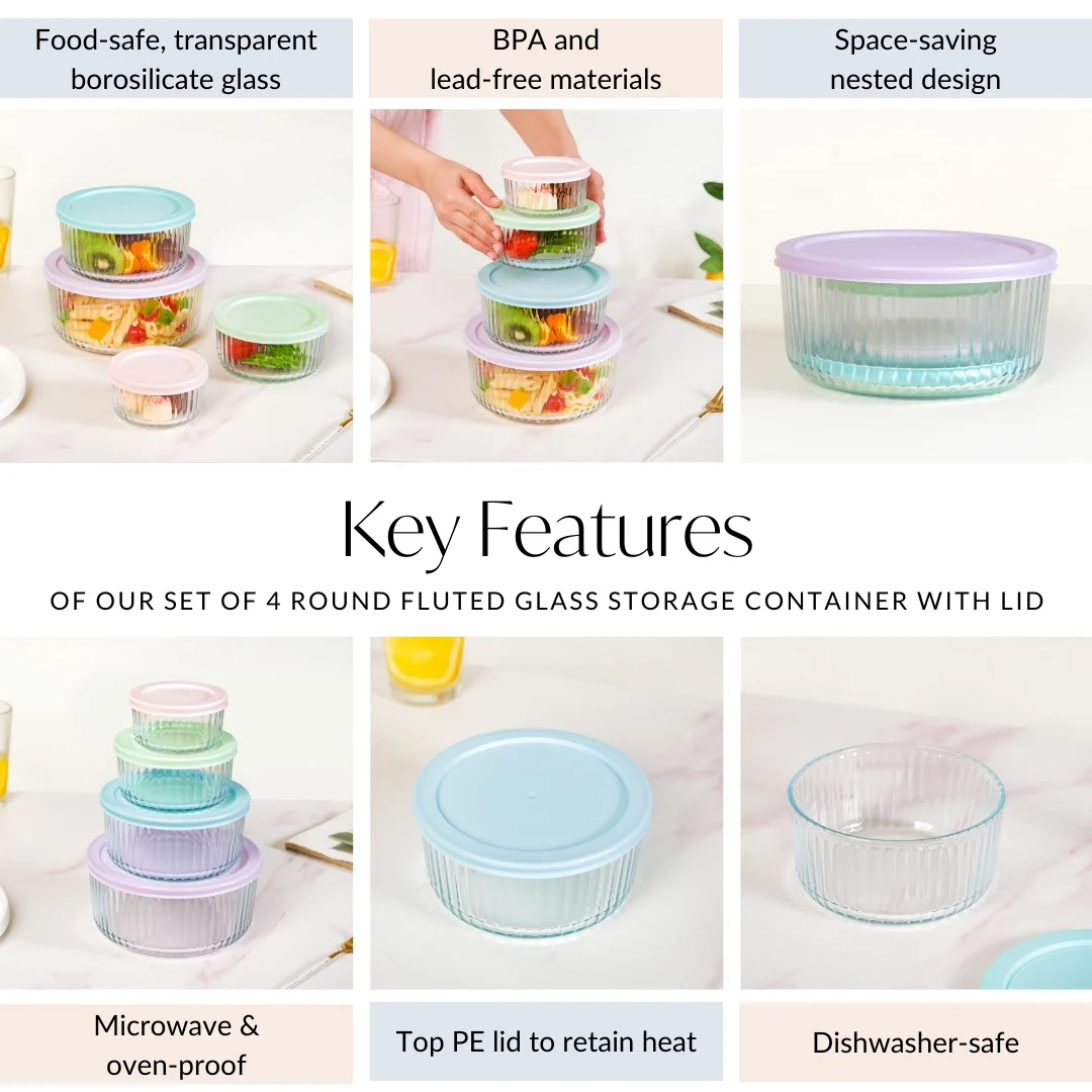 Set Of 4 Round Fluted Glass Food Storage Container With Lid S 230ml M 460ml L 950ml XL 1650ml - Image 5