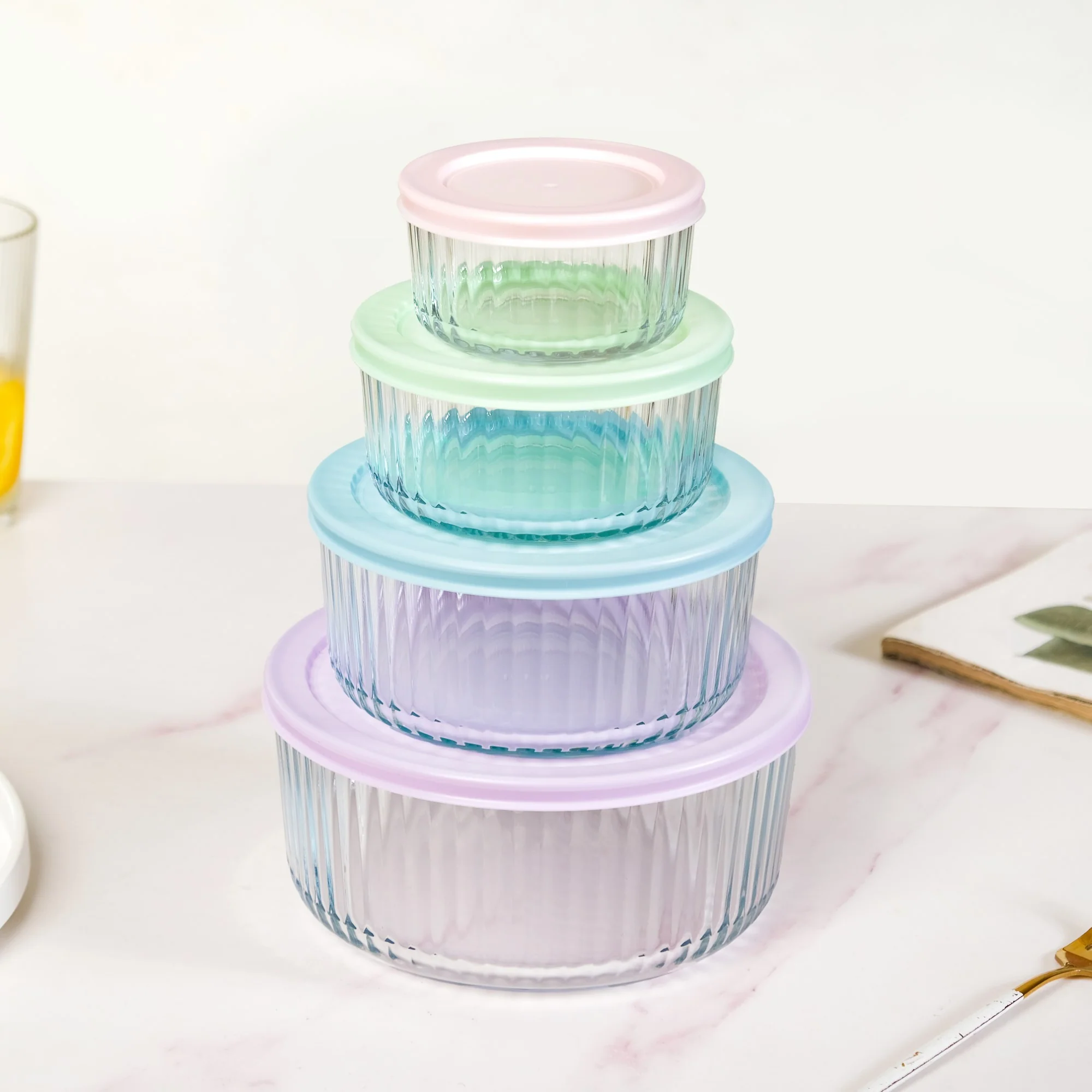 Set Of 4 Round Fluted Glass Food Storage Container With Lid S 230ml M 460ml L 950ml XL 1650ml - Image 6