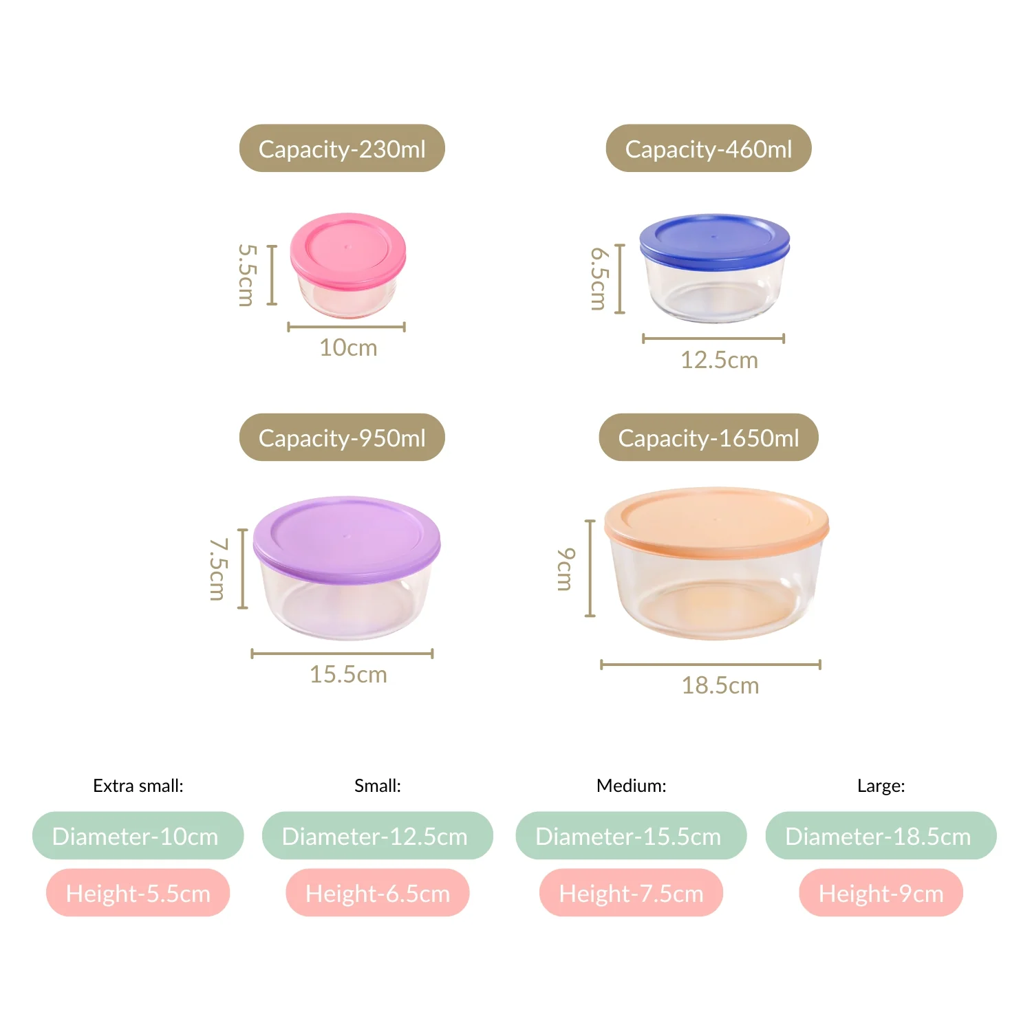 Set Of 4 Round Nested Transparent Glass Containers S 230ml M 460ml L 950ml XL 1650ml - Image 4
