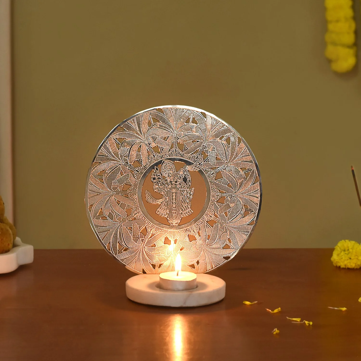 Shreenathji Tealight Candle Holder With Marble Base - Image 6