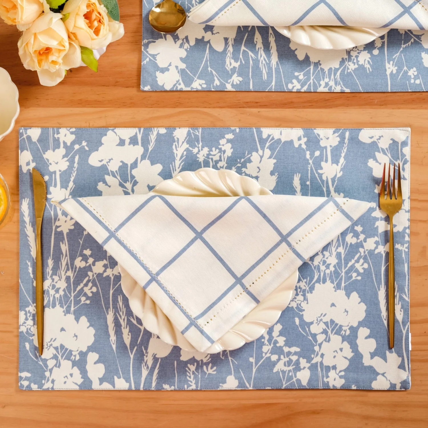 Slate Blue Grid Pure Cotton Table Napkin Set Of 4 - Image 2