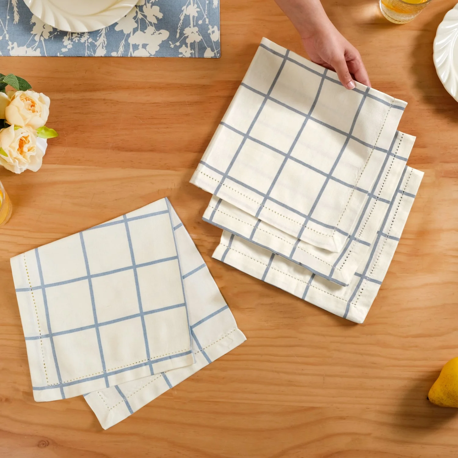 Slate Blue Grid Pure Cotton Table Napkin Set Of 4 - Image 3