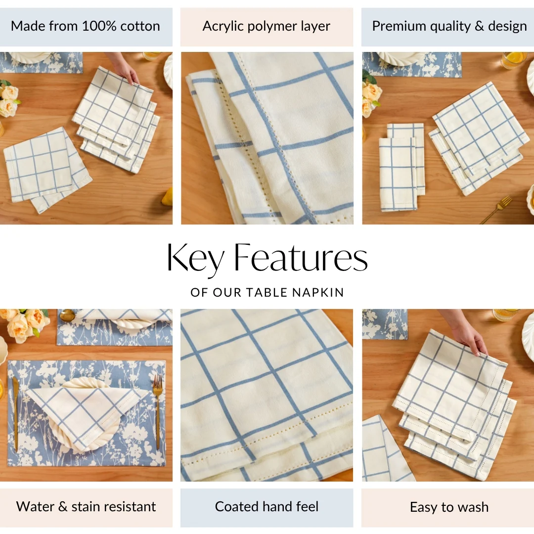 Slate Blue Grid Pure Cotton Table Napkin Set Of 4 - Image 5