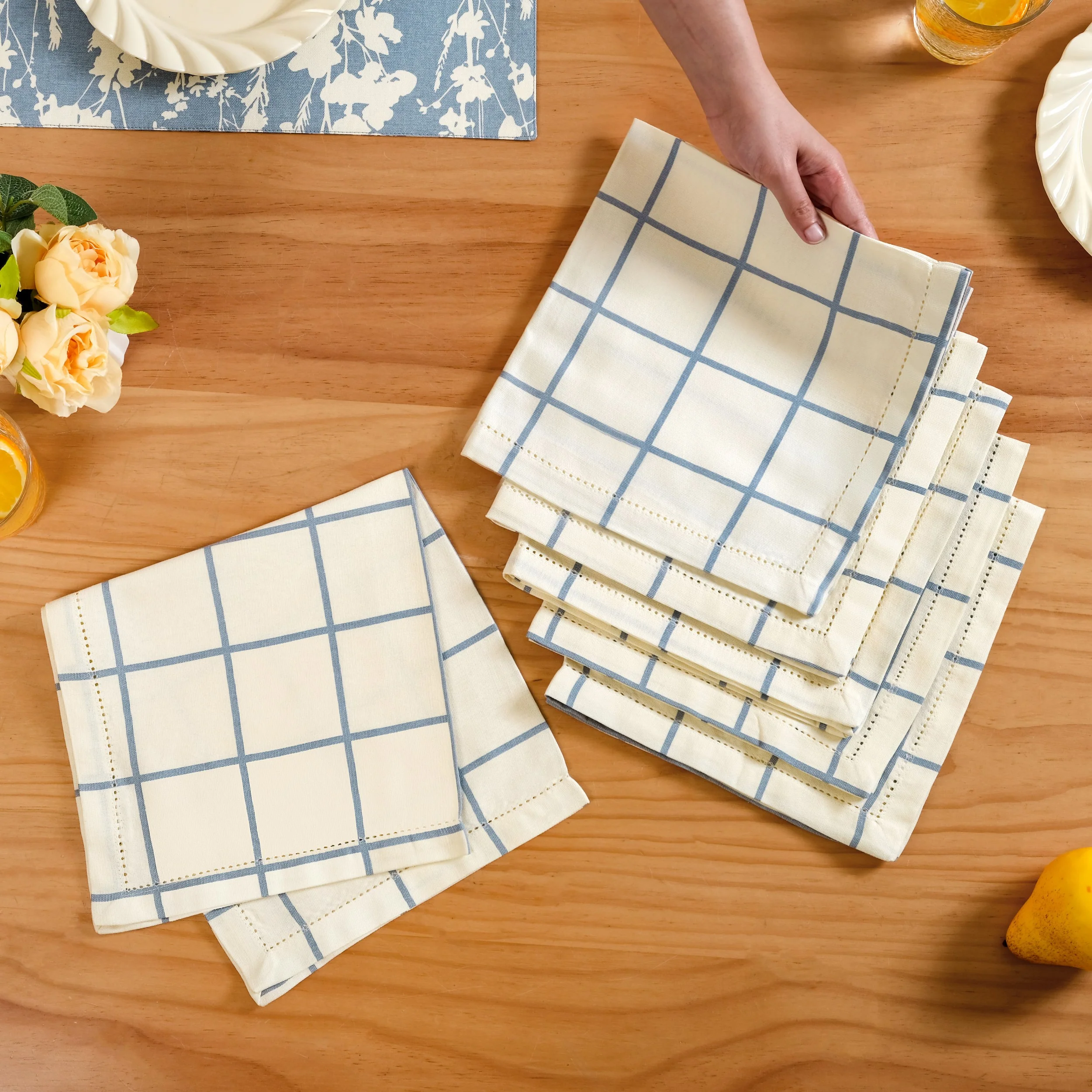 Slate Blue Grid Pure Cotton Table Napkin Set Of 6 - Image 3