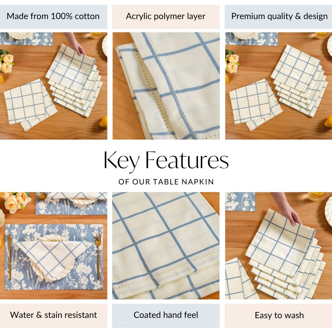 Slate Blue Grid Pure Cotton Table Napkin Set Of 6 - Image 5