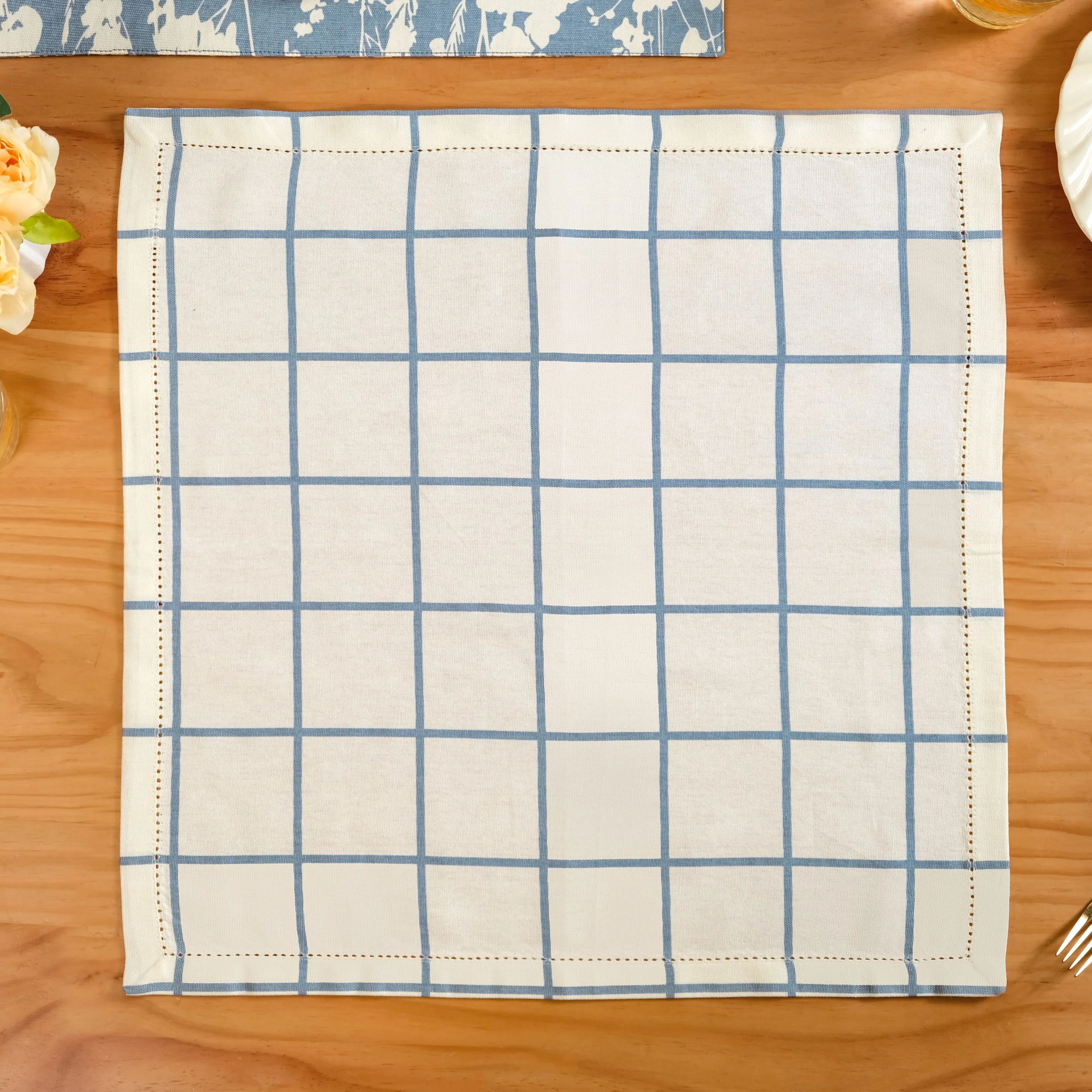 Slate Blue Grid Pure Cotton Table Napkin Set Of 6 - Image 7