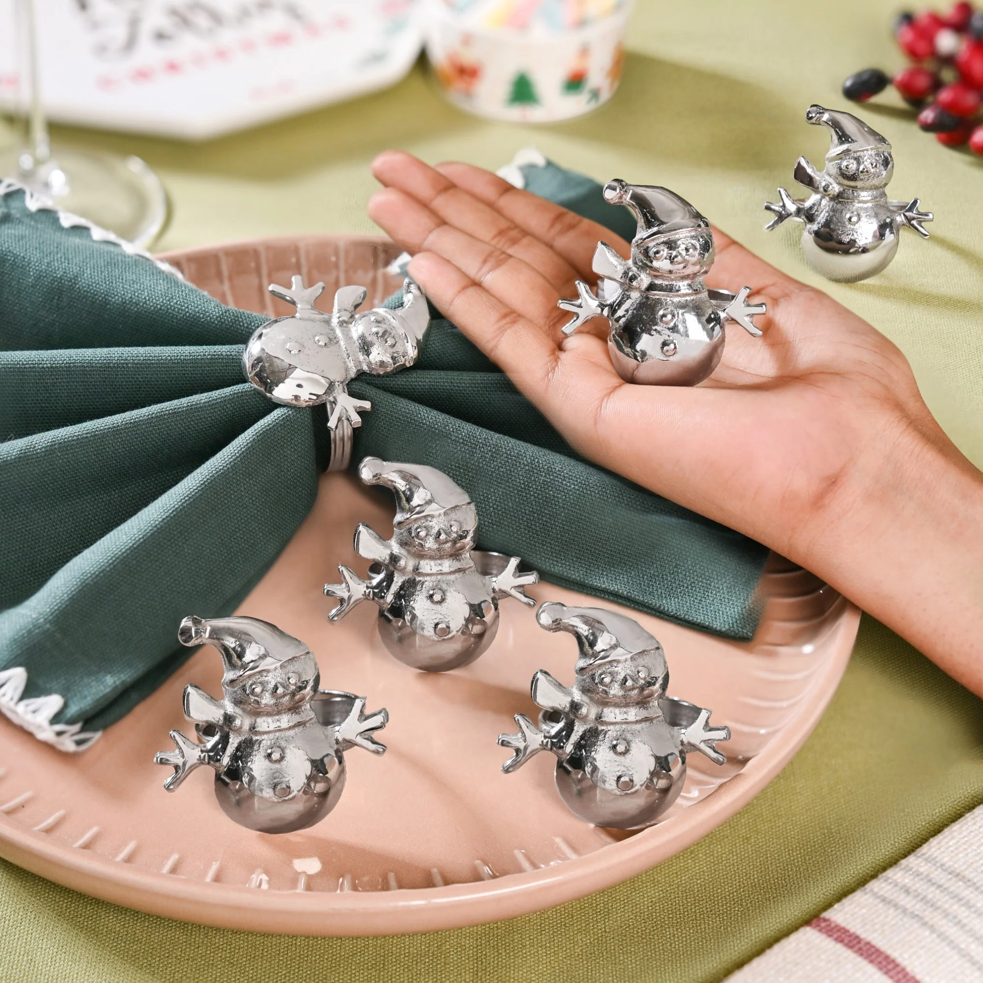 Snowman Pure Brass Napkin Ring Set Of 6 Silver - Image 2