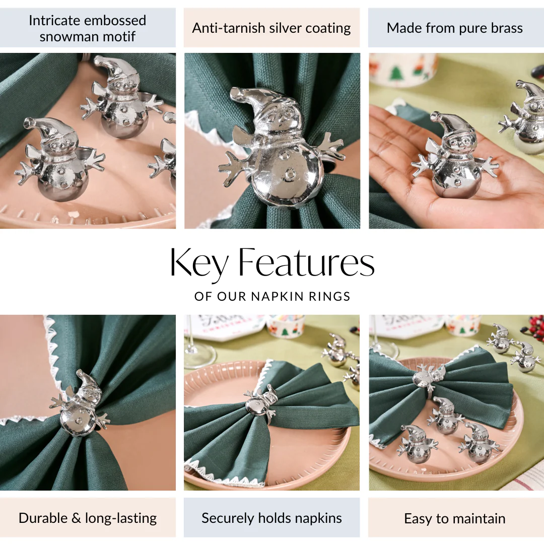 Snowman Pure Brass Napkin Ring Set Of 6 Silver - Image 4