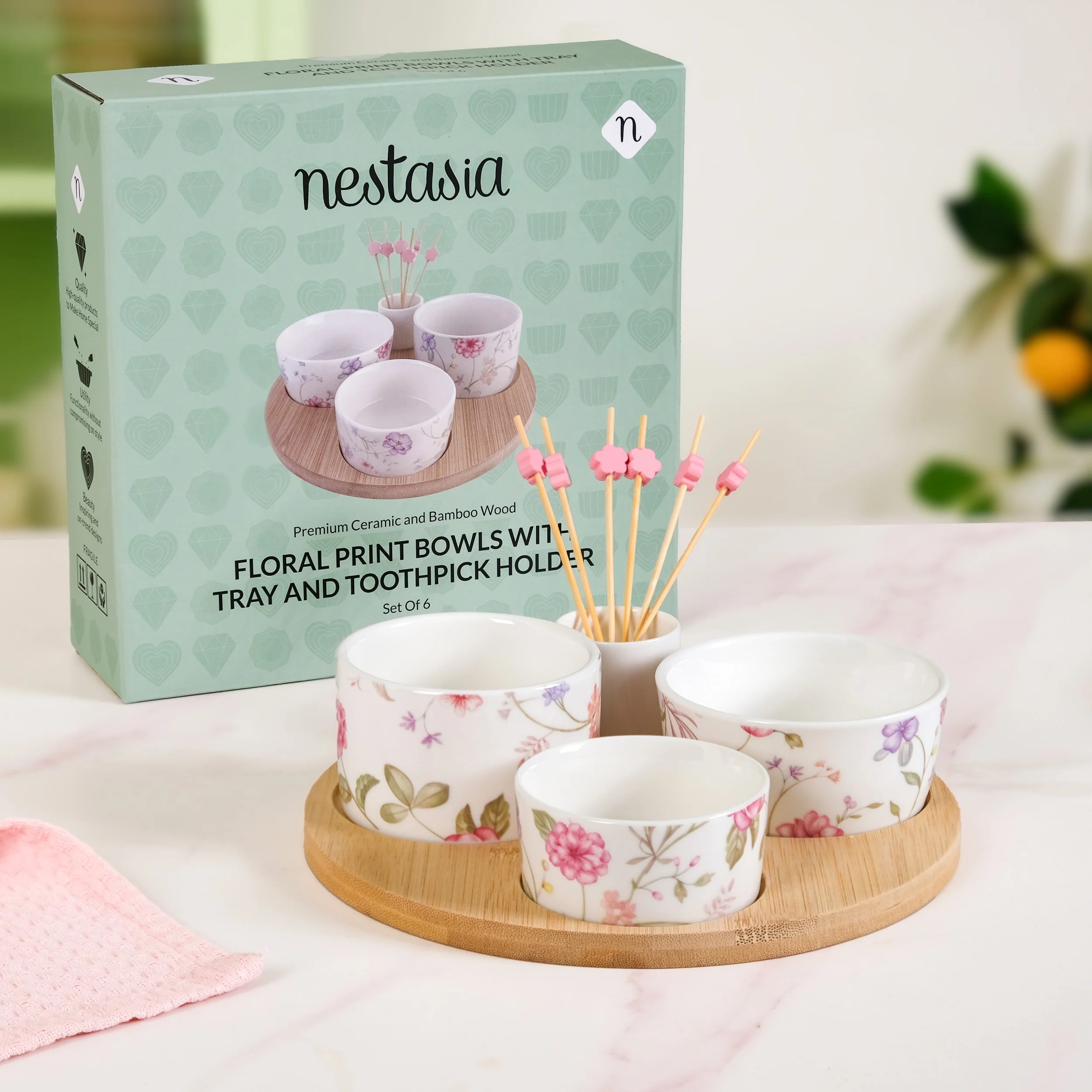 Soft Girl Floral Print Bowls With Tray And Toothpick Holder Set Of 6 - Image 2
