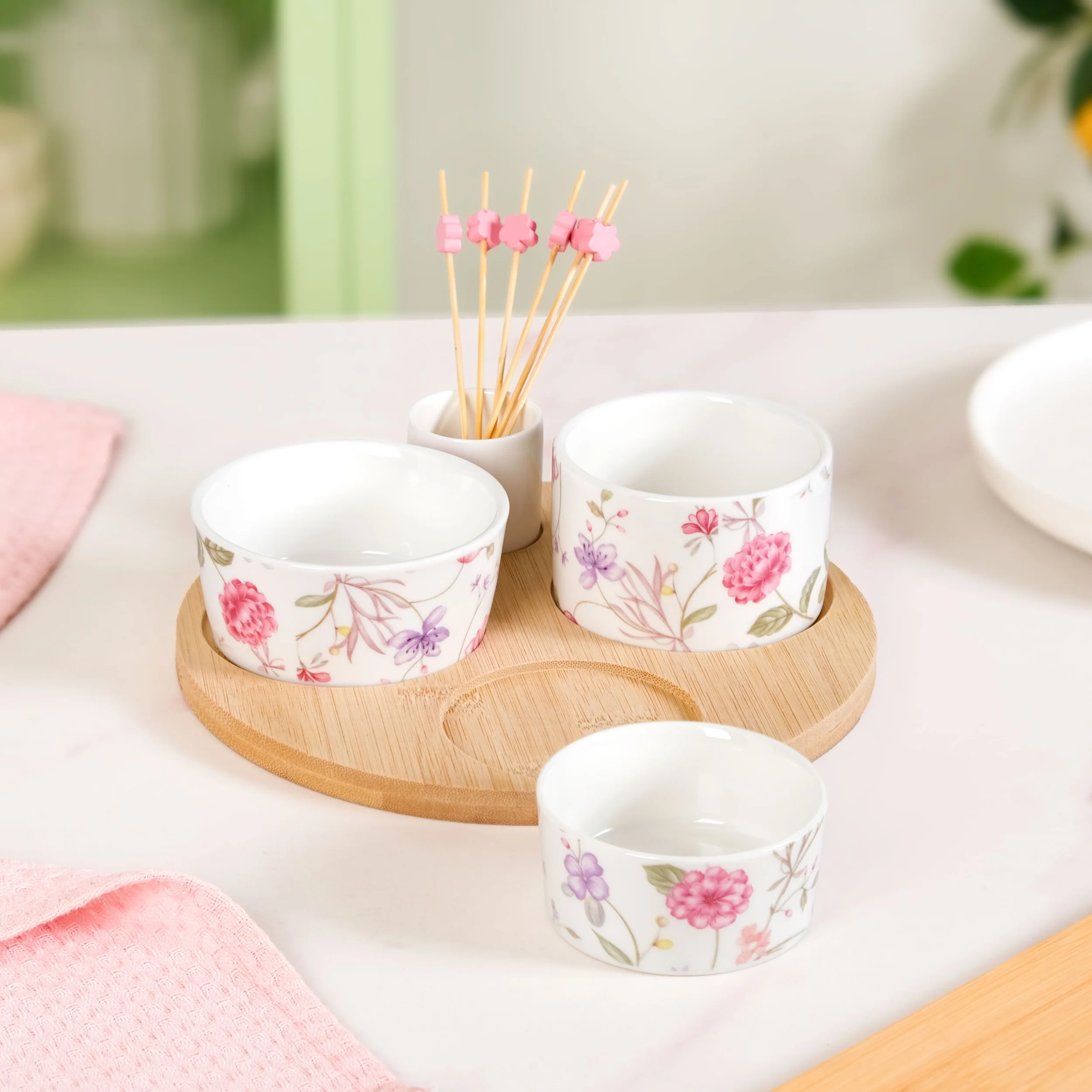 Soft Girl Floral Print Bowls With Tray And Toothpick Holder Set Of 6 - Image 9