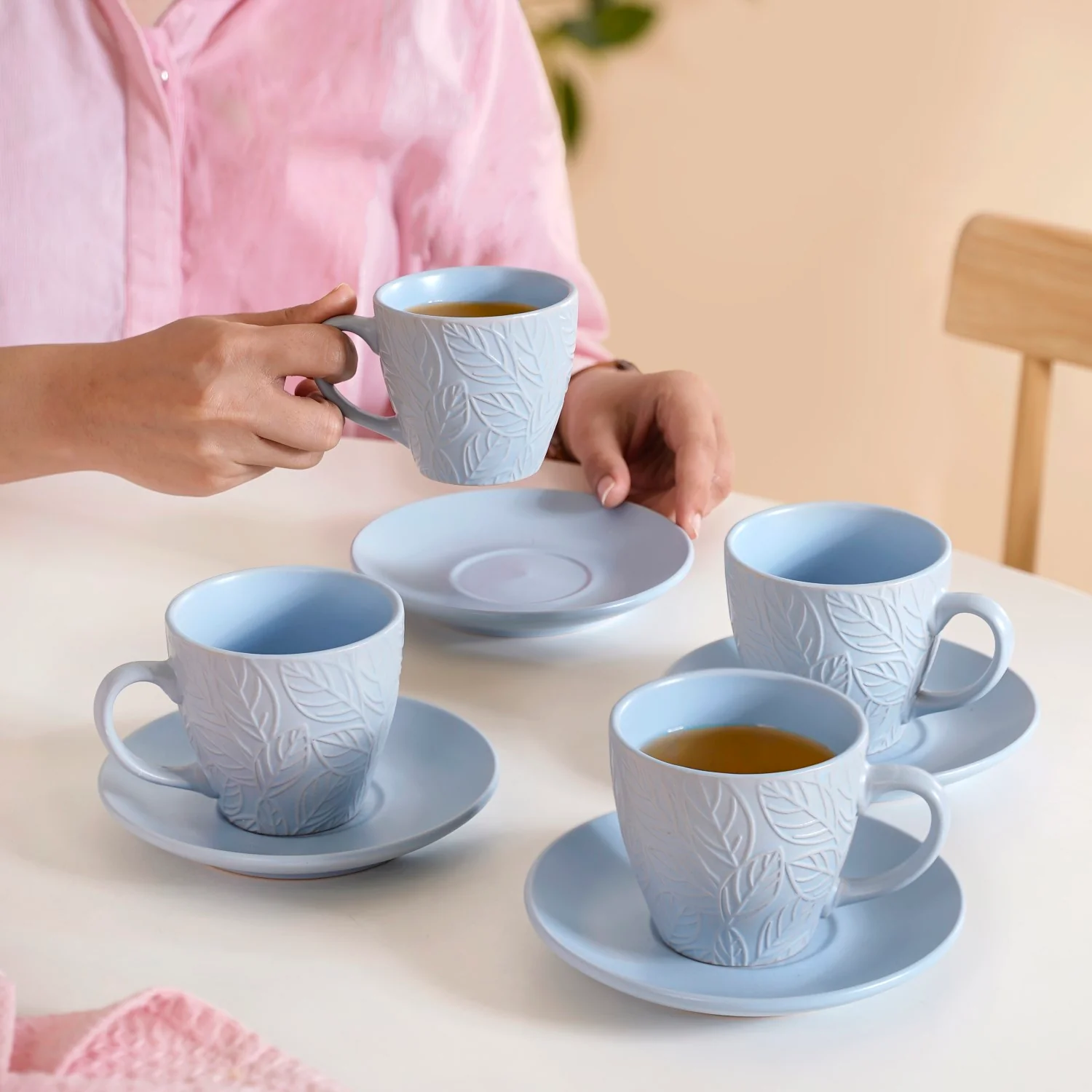 Soft Pastel Ceramic Tea Cup And Saucer Set For 4 With Stand 200ml - Image 4