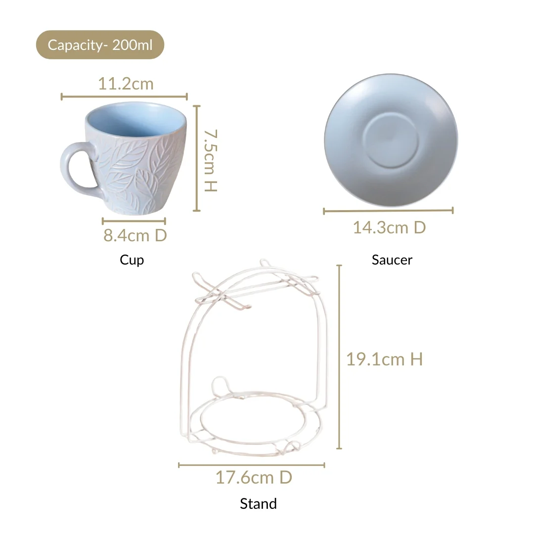 Soft Pastel Ceramic Tea Cup And Saucer Set For 4 With Stand 200ml - Image 5