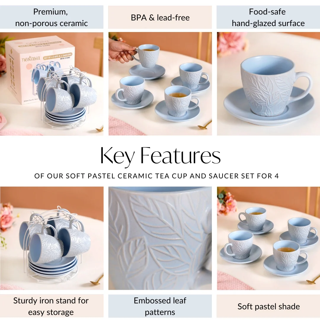 Soft Pastel Ceramic Tea Cup And Saucer Set For 4 With Stand 200ml - Image 6