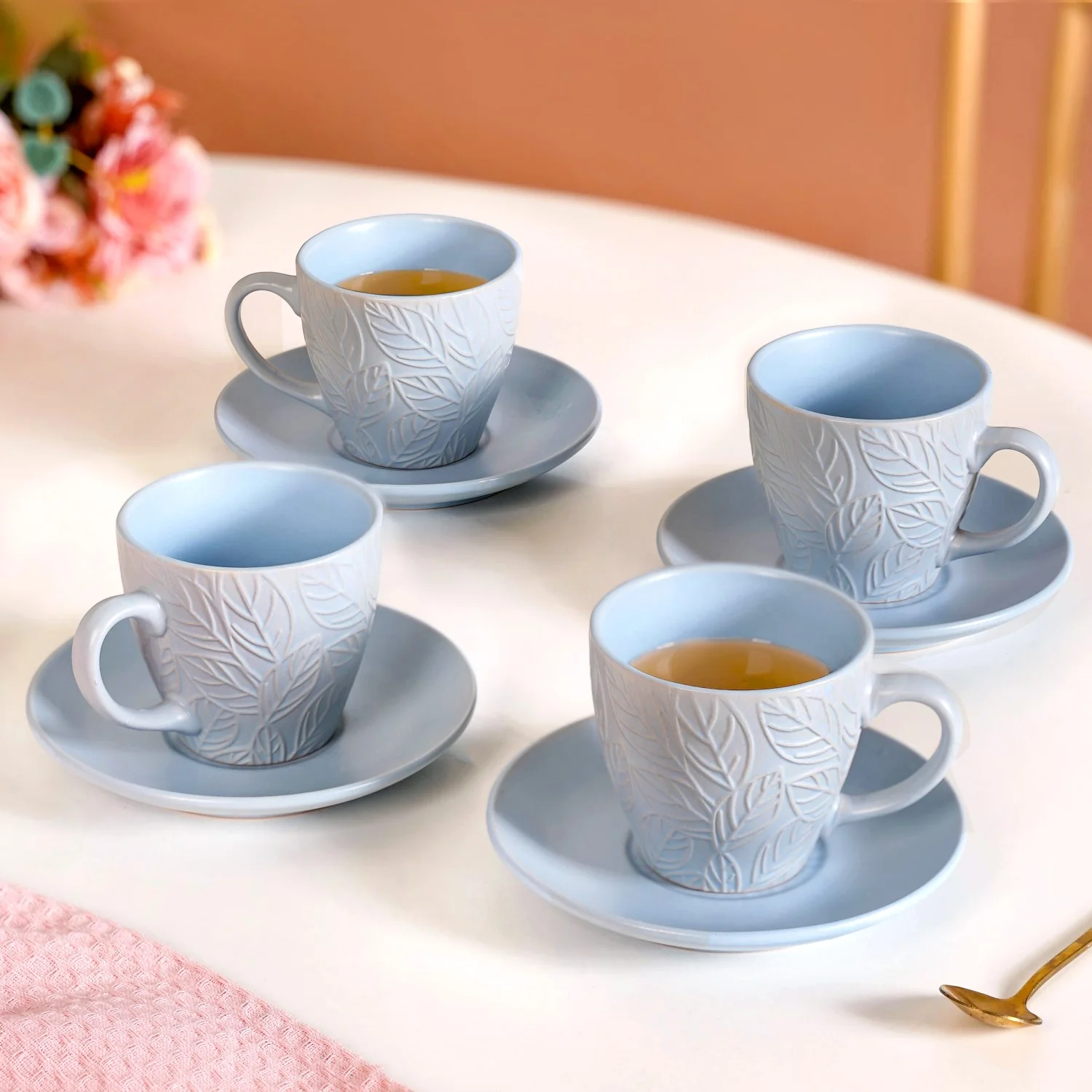 Soft Pastel Ceramic Tea Cup And Saucer Set For 4 With Stand 200ml - Image 8