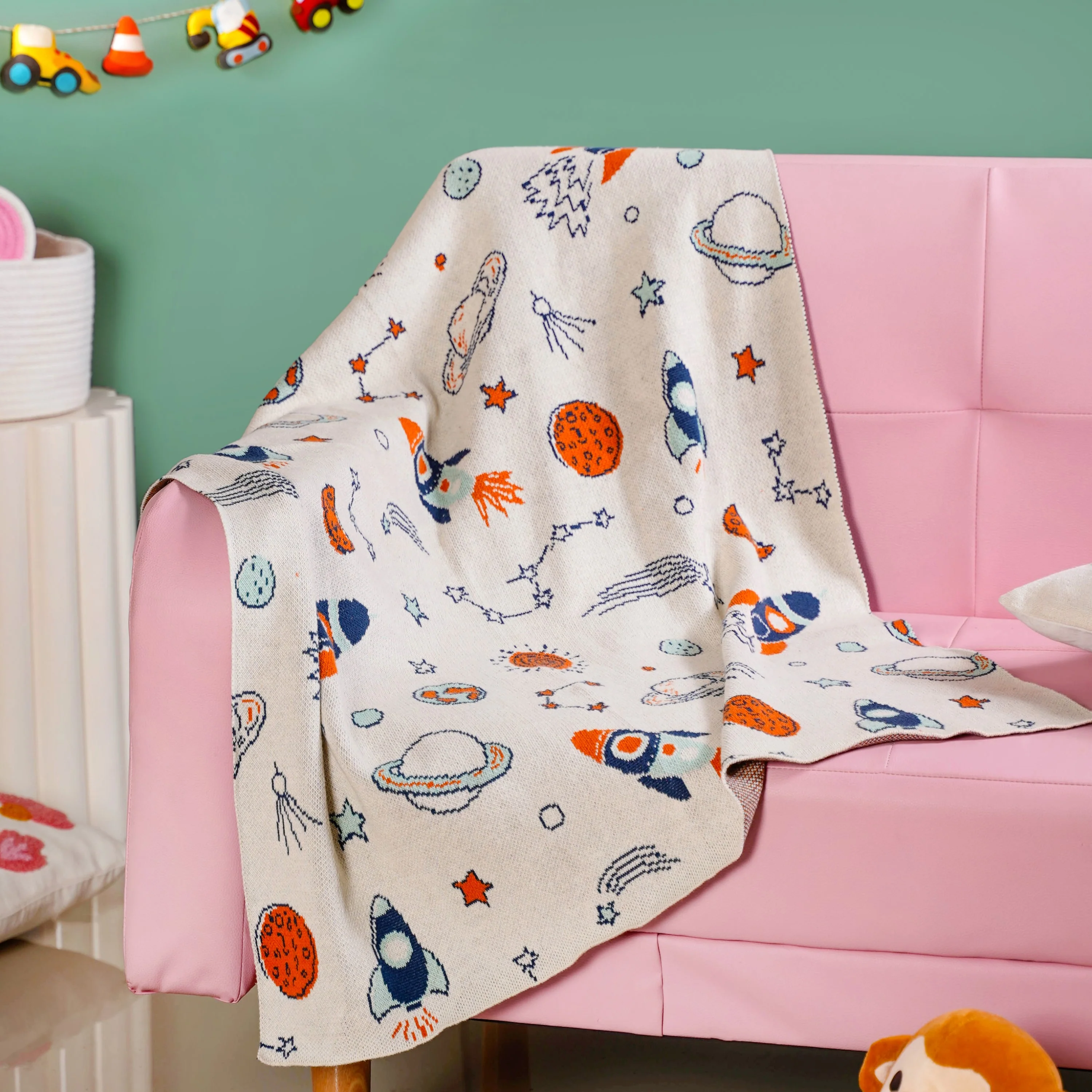 Space Rocket Astronomy Knitted Cotton Throw For Toddlers Small 99x73cm - Image 2