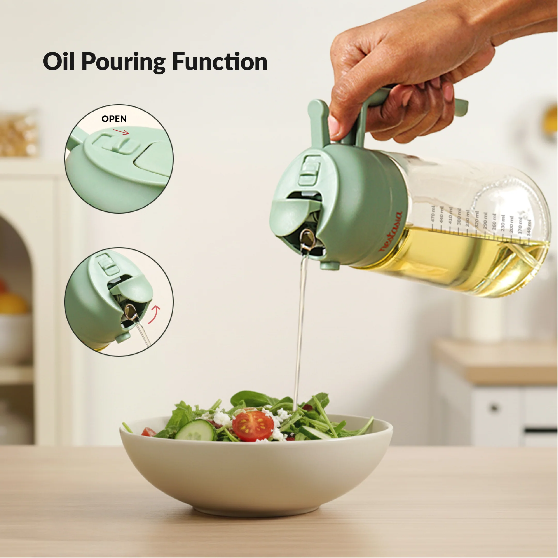 Spray And Pour Oil Dispenser Bottle Green 470ml With Spoon - Image 5