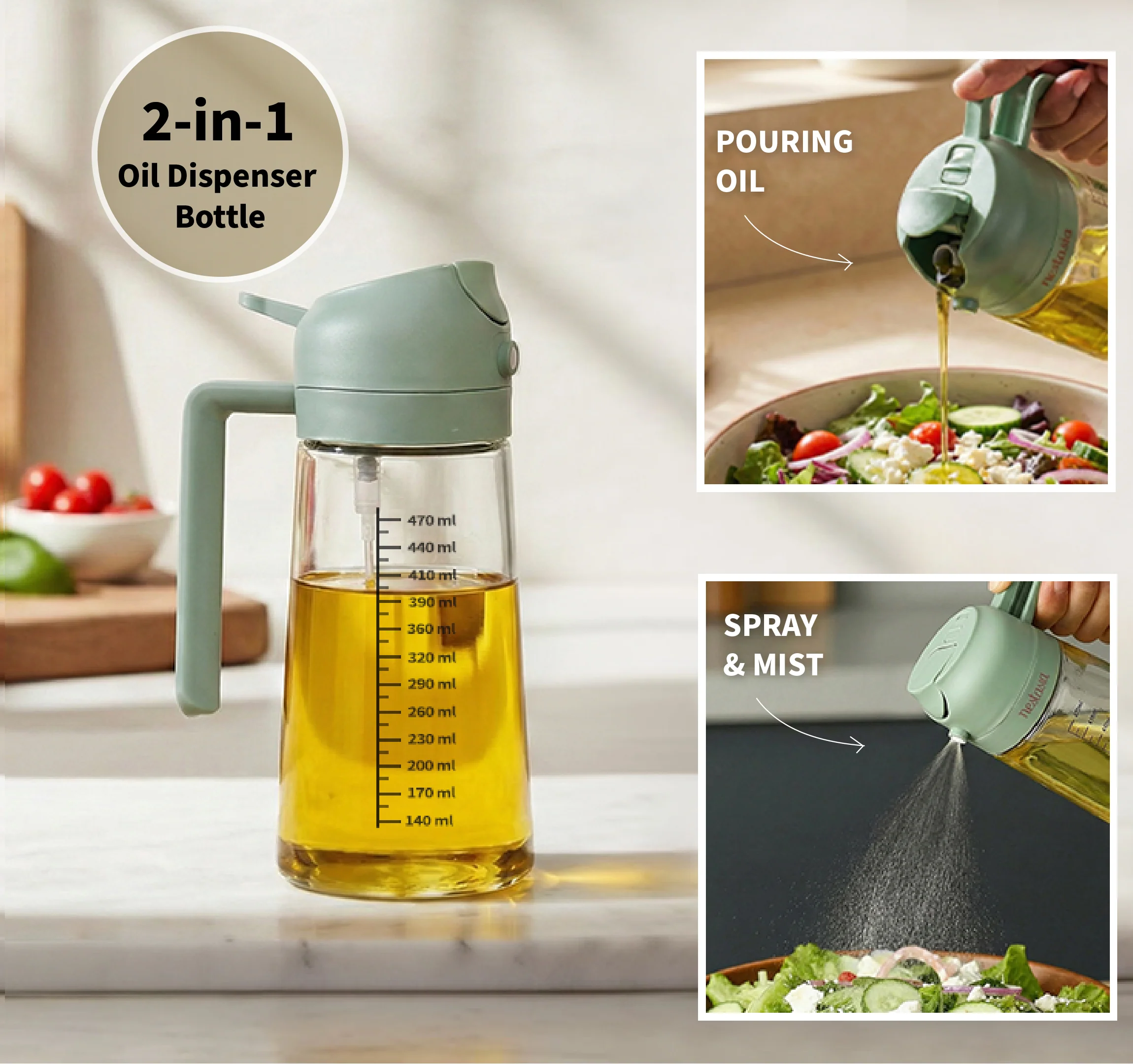 Spray And Pour Oil Dispenser Bottle Green 470ml With Spoon - Image 8