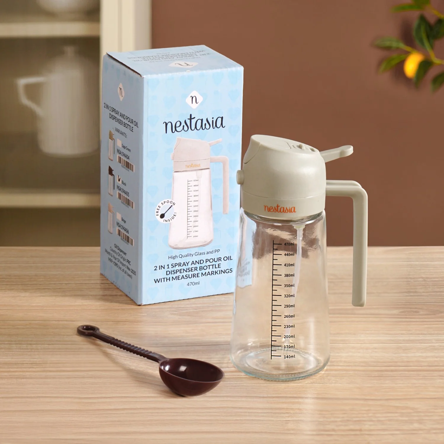Spray And Pour Oil Dispenser Bottle Beige 470ml With Spoon - Image 10