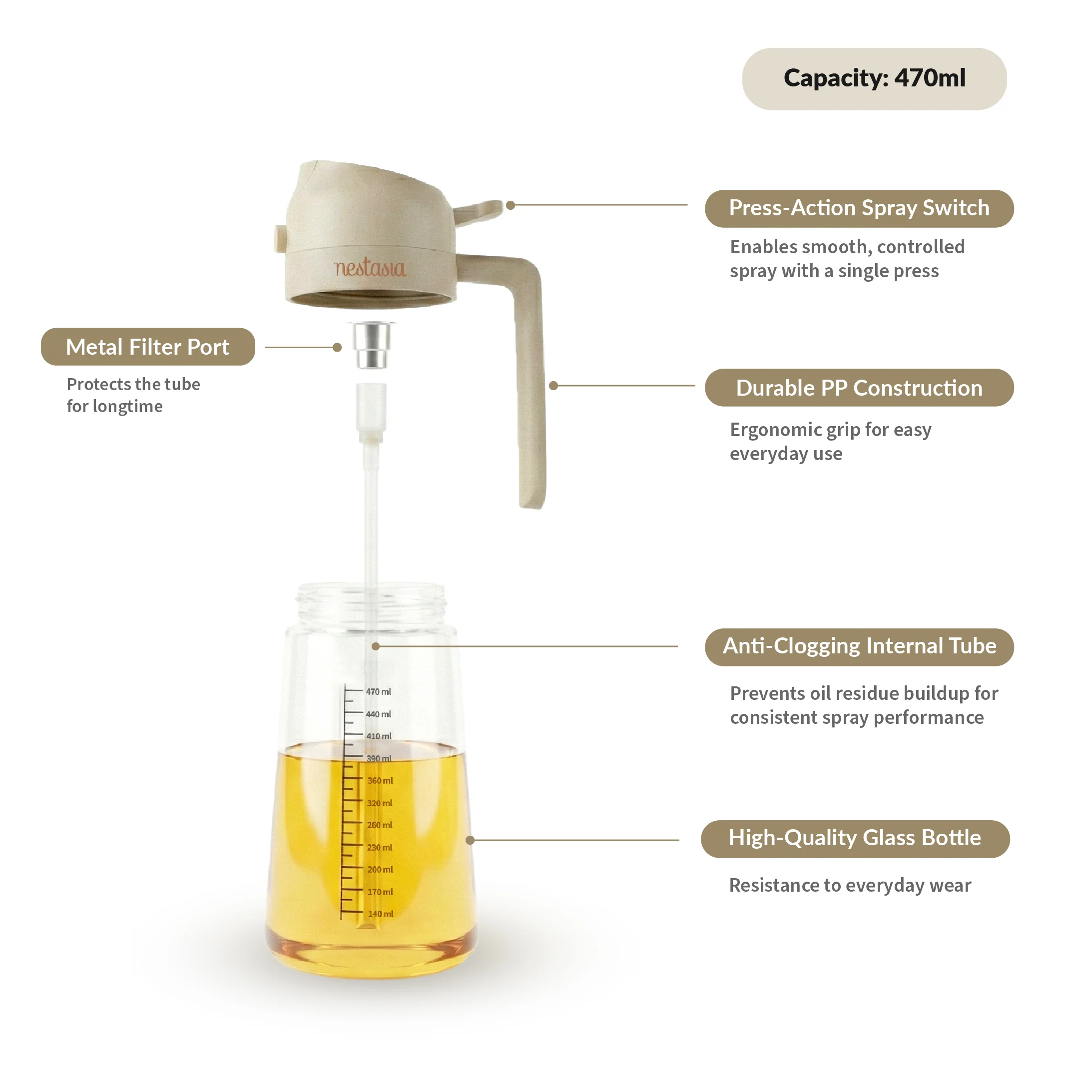 Spray And Pour Oil Dispenser Bottle Beige 470ml With Spoon - Image 2