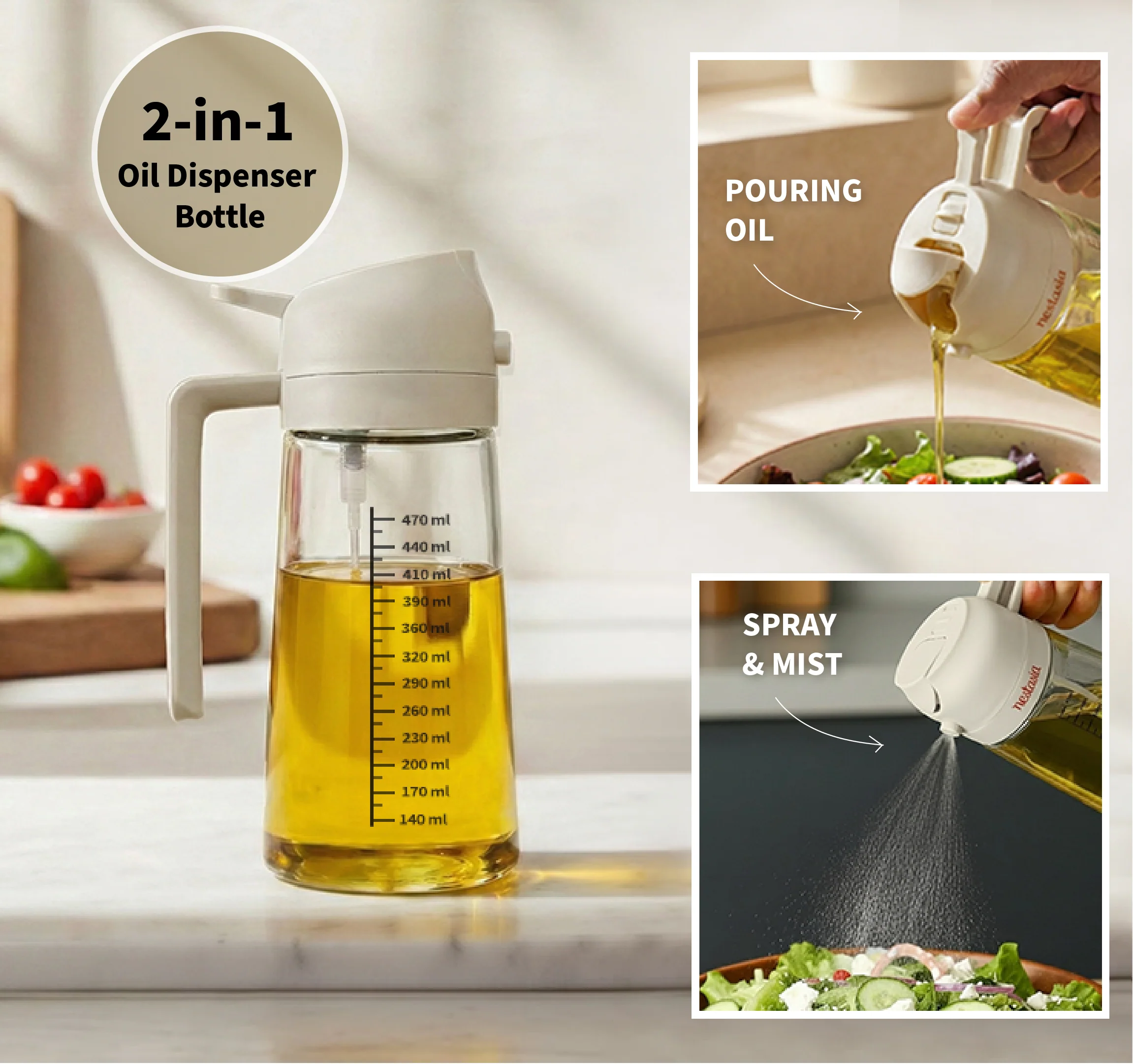 Spray And Pour Oil Dispenser Bottle Beige 470ml With Spoon - Image 8