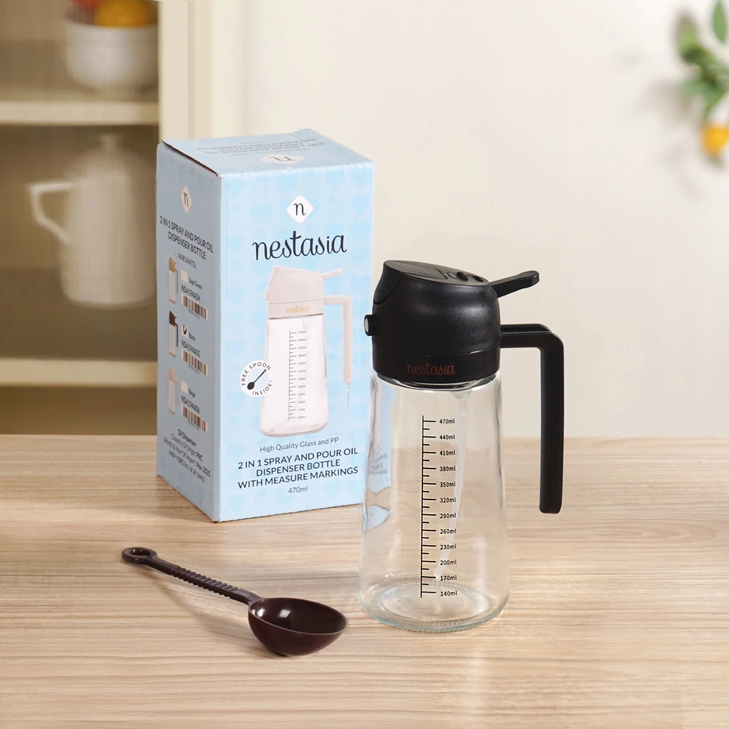 Spray And Pour Oil Dispenser Bottle Black 470ml With Spoon - Image 10