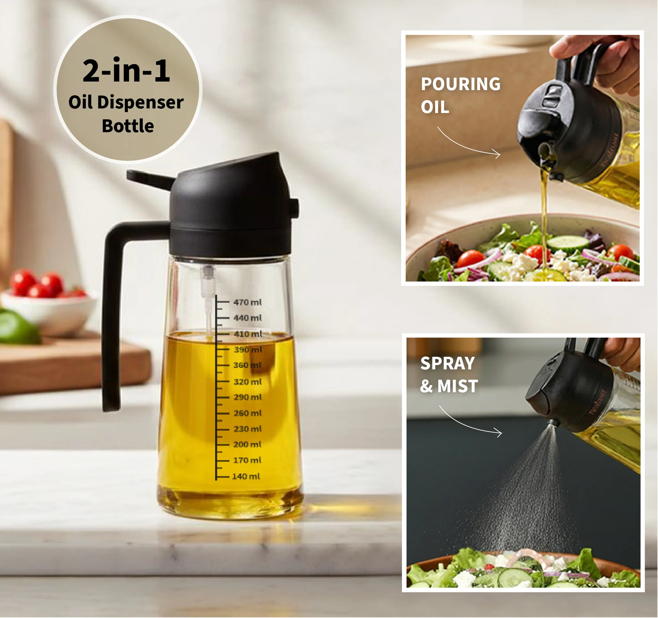Spray And Pour Oil Dispenser Bottle Black 470ml With Spoon - Image 8
