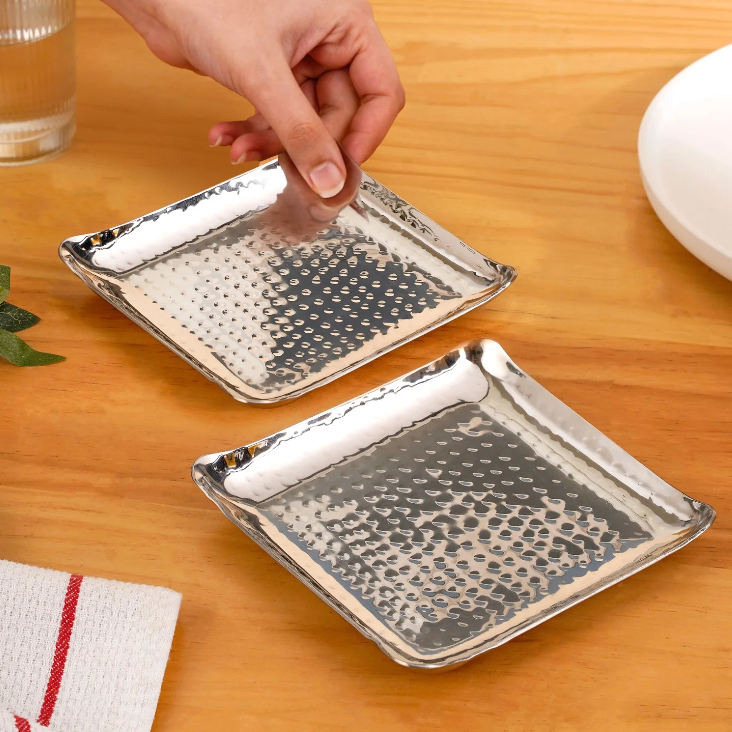 Square Platter Hammered Stainless Steel Set Of 2 - Image 3