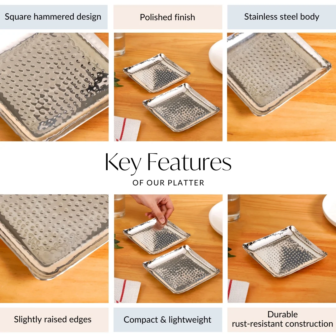 Square Platter Hammered Stainless Steel Set Of 2 - Image 5