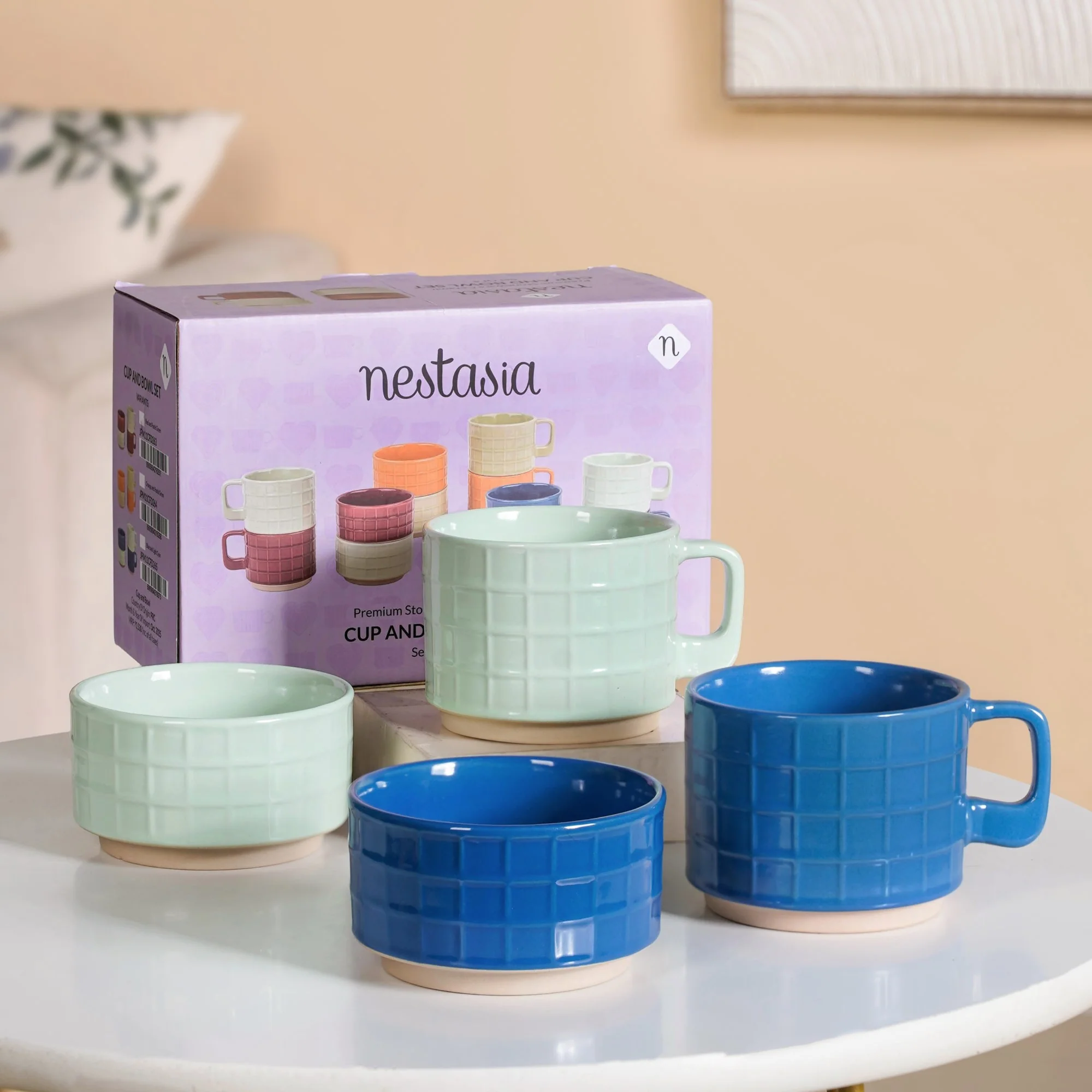 Stackable Pop Colour Ceramic 2 Cup 2 Bowl Set Blue Mint - Image 2