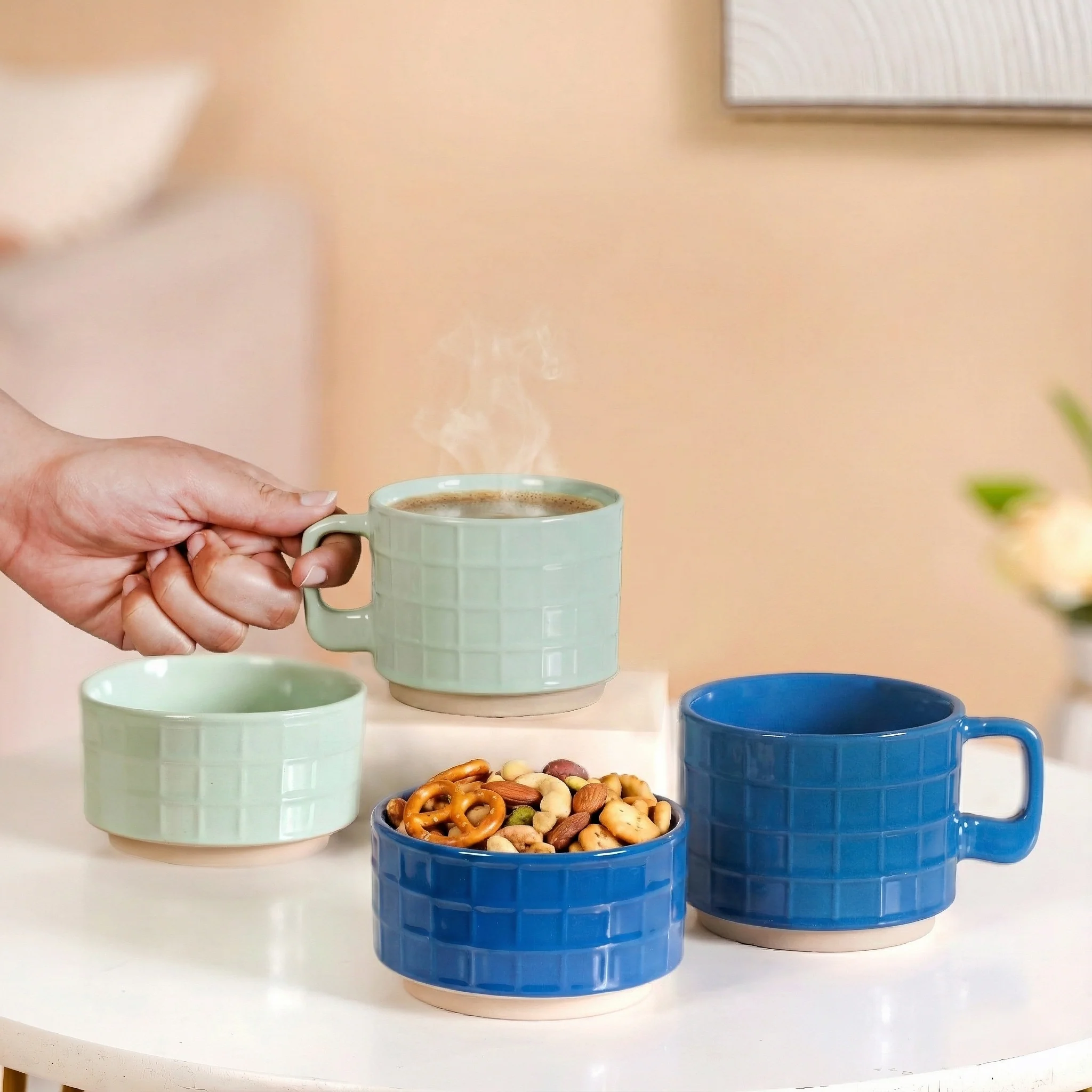 Stackable Pop Colour Ceramic 2 Cup 2 Bowl Set Blue Mint - Image 3