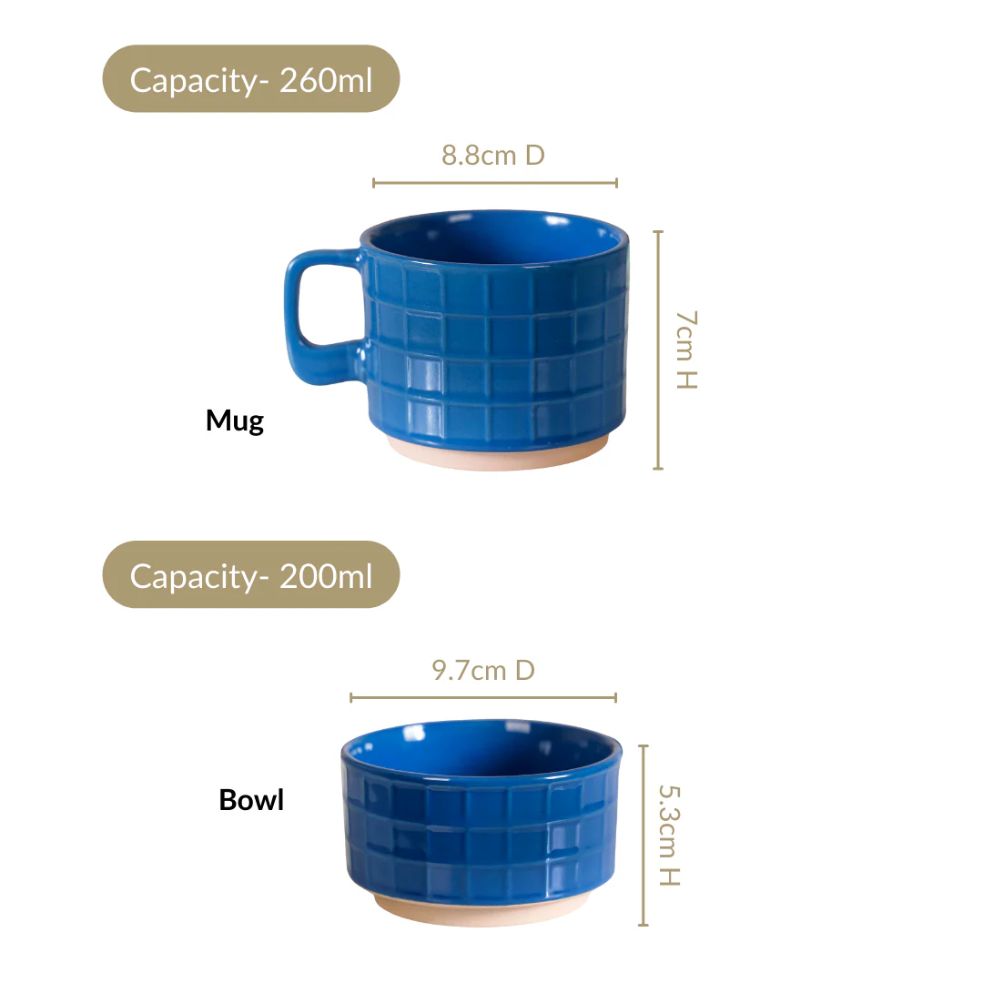 Stackable Pop Colour Ceramic 2 Cup 2 Bowl Set Blue Mint - Image 4