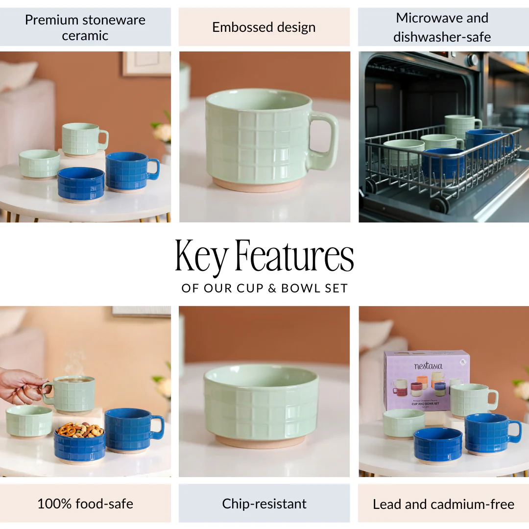 Stackable Pop Colour Ceramic 2 Cup 2 Bowl Set Blue Mint - Image 5