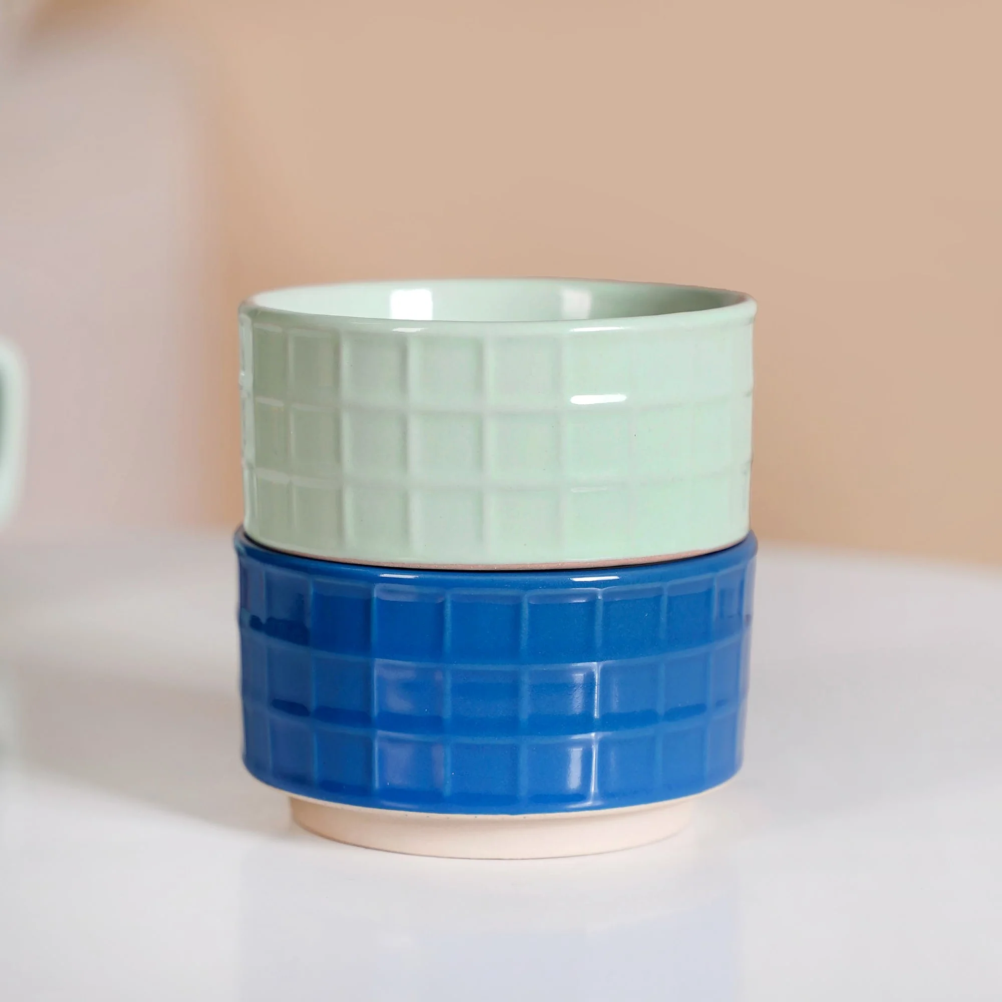Stackable Pop Colour Ceramic 2 Cup 2 Bowl Set Blue Mint - Image 6