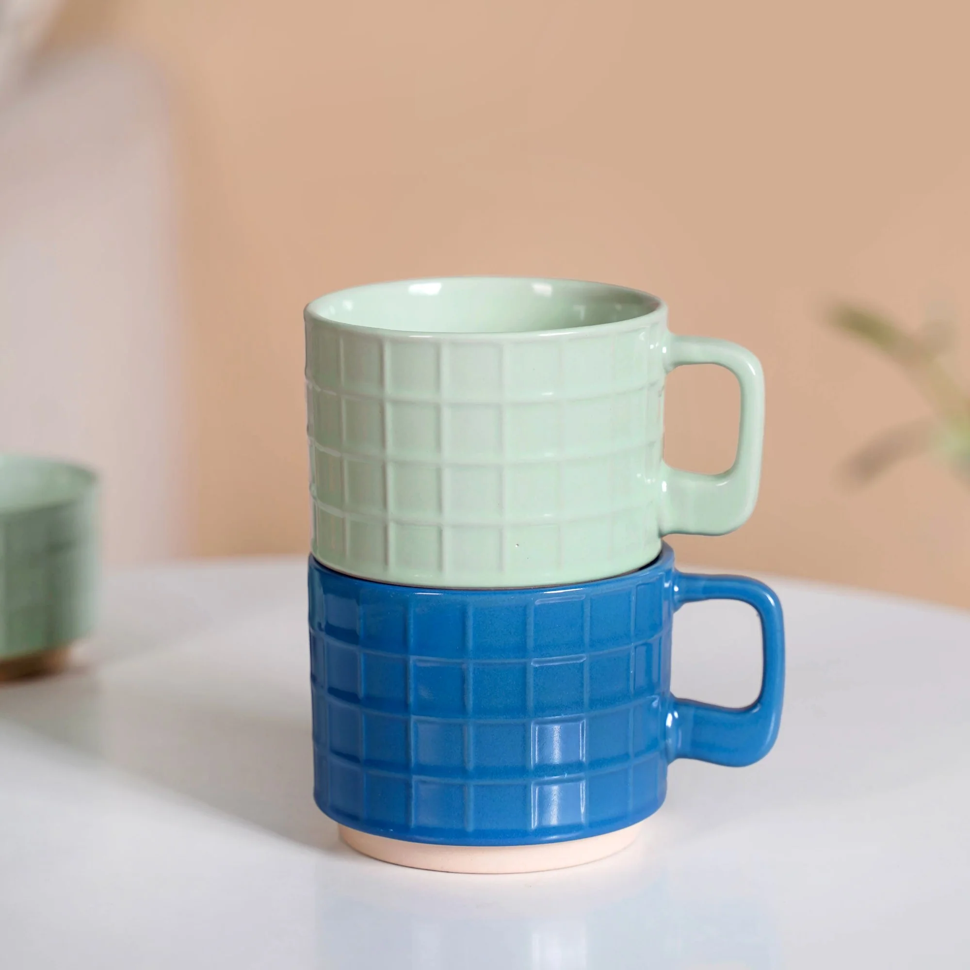Stackable Pop Colour Ceramic 2 Cup 2 Bowl Set Blue Mint - Image 7