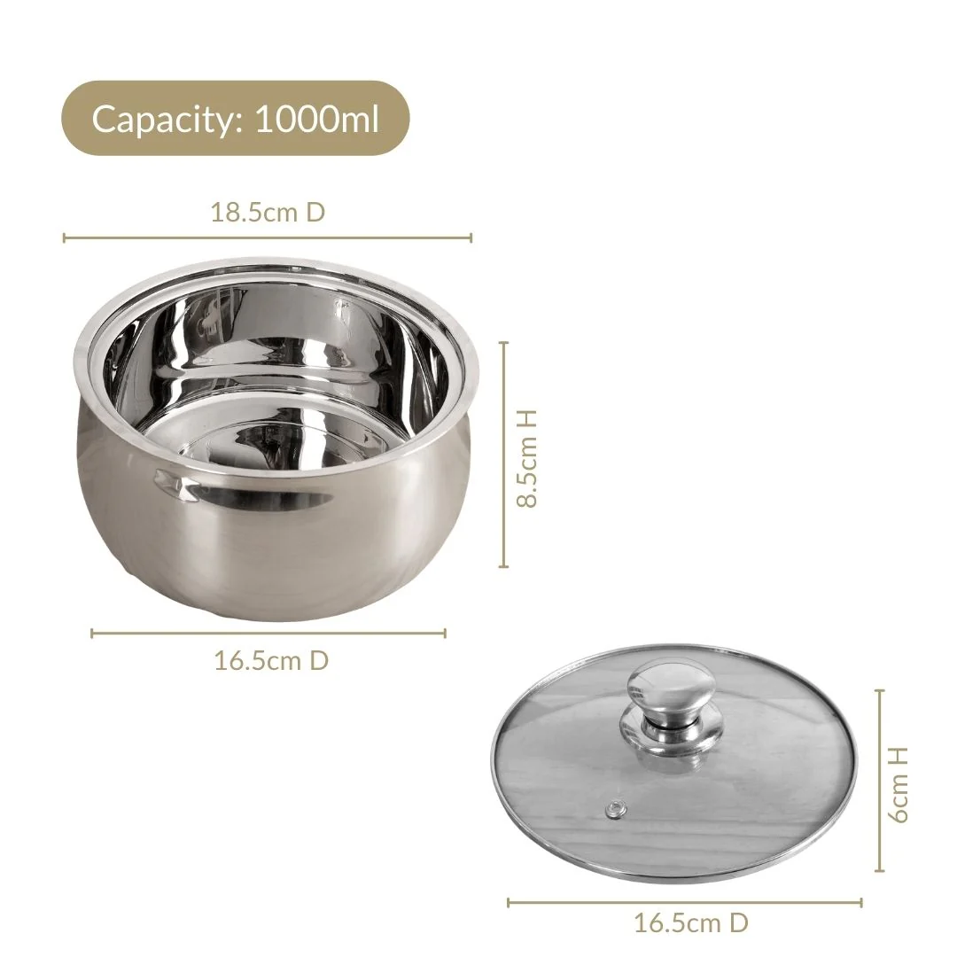 Stainless Steel Double Walled Casserole With Glass Lid 1000ml - Image 3