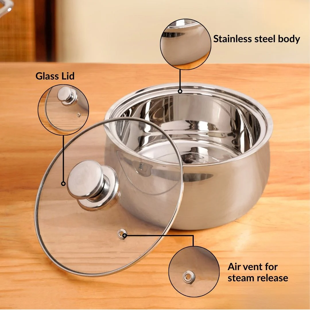 Stainless Steel Double Walled Casserole With Glass Lid 1000ml - Image 5